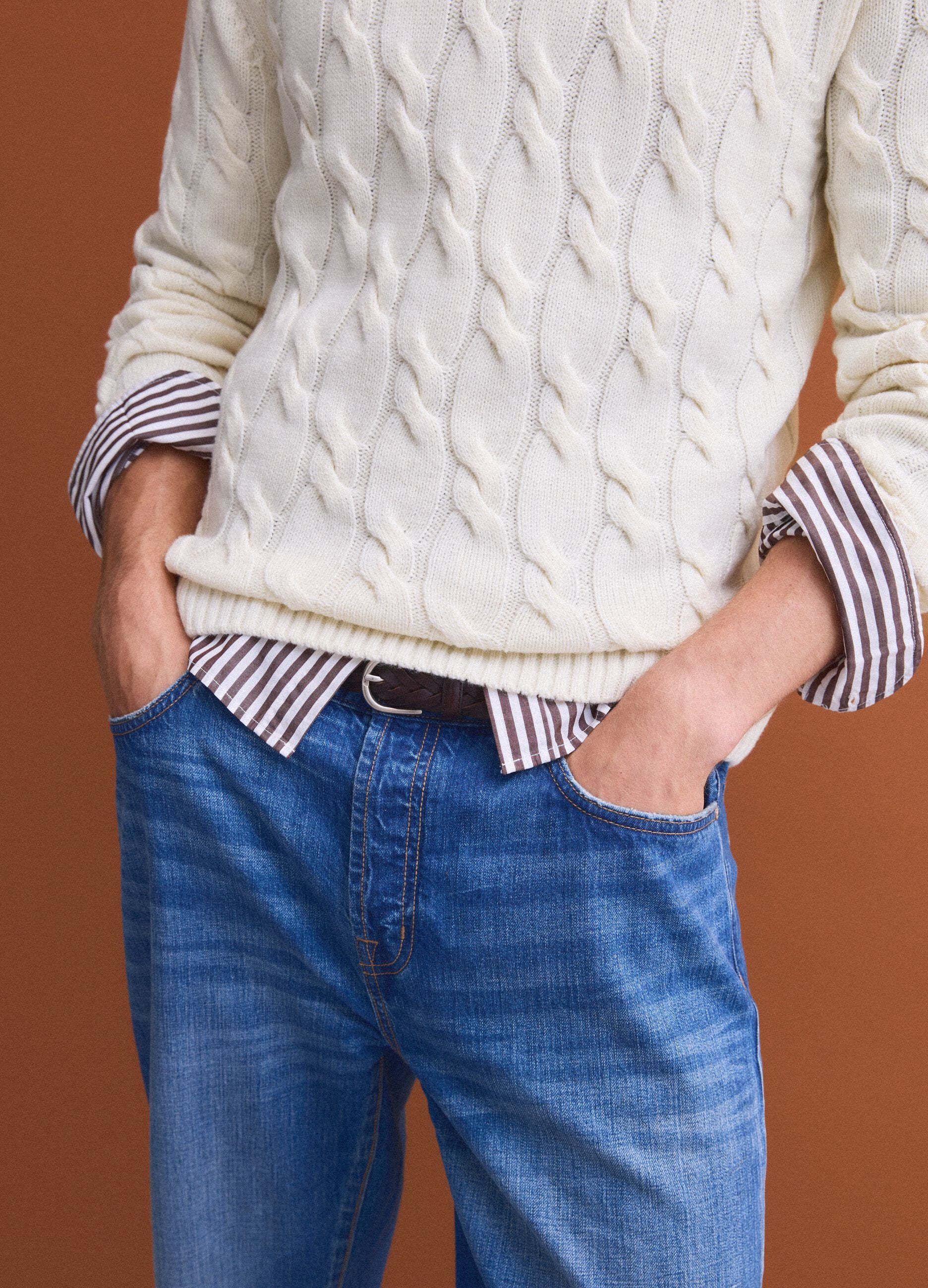 White wool-blend cable-knit turtleneck jumper, regular fit