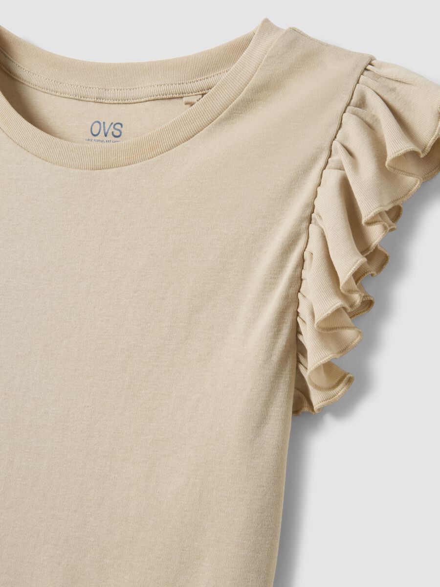 Beige slim fit pure cotton t-shirt with ruffles_5