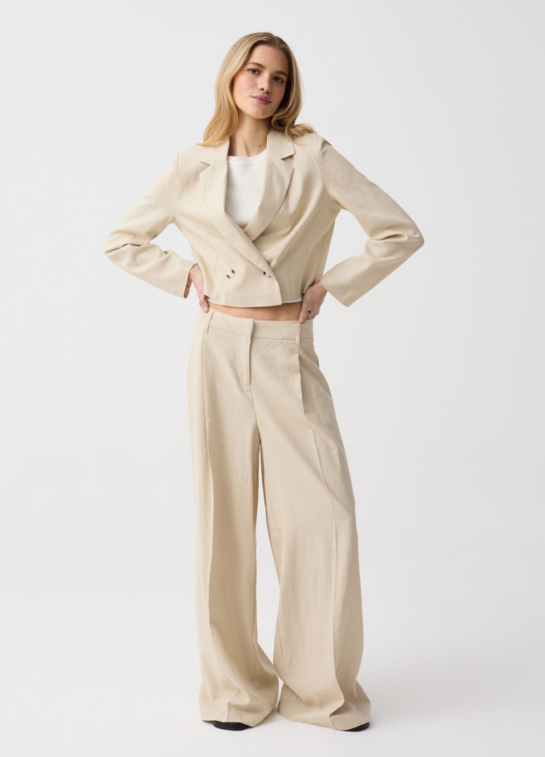 Cropped blazer in linen and viscose
