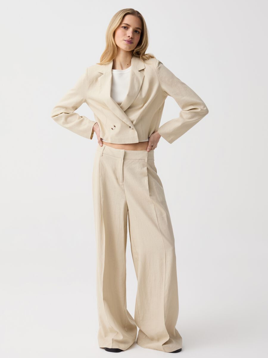 Cropped blazer in linen and viscose_0