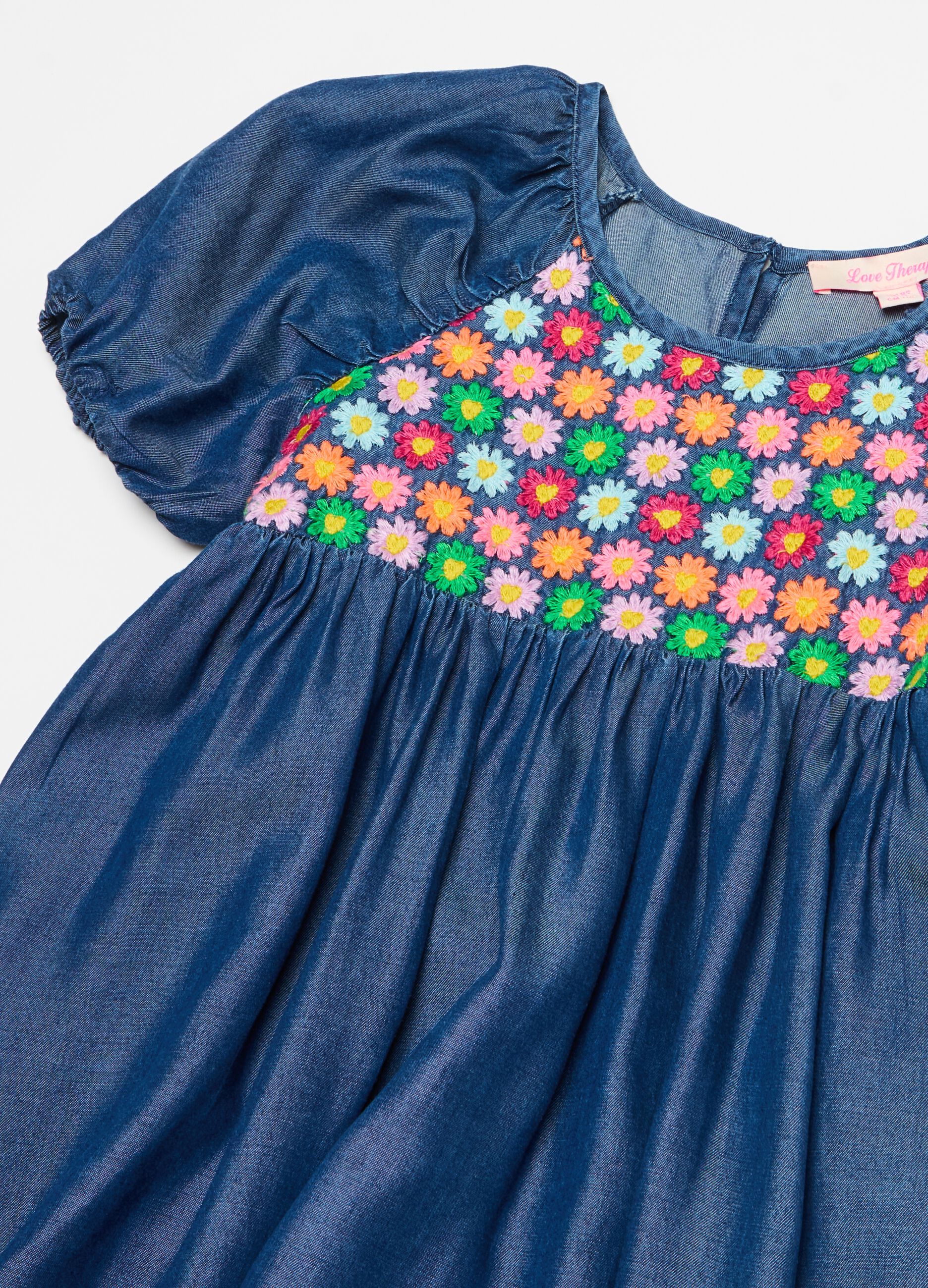 Denim-effect dress with flowers embroidery