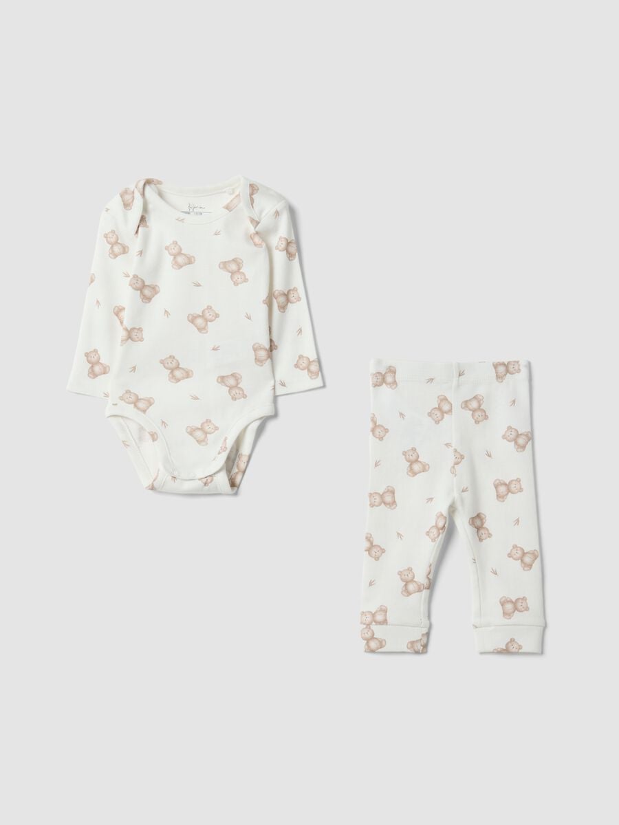 Set bianco in puro cotone organico con body e leggings stampati per neonati_0