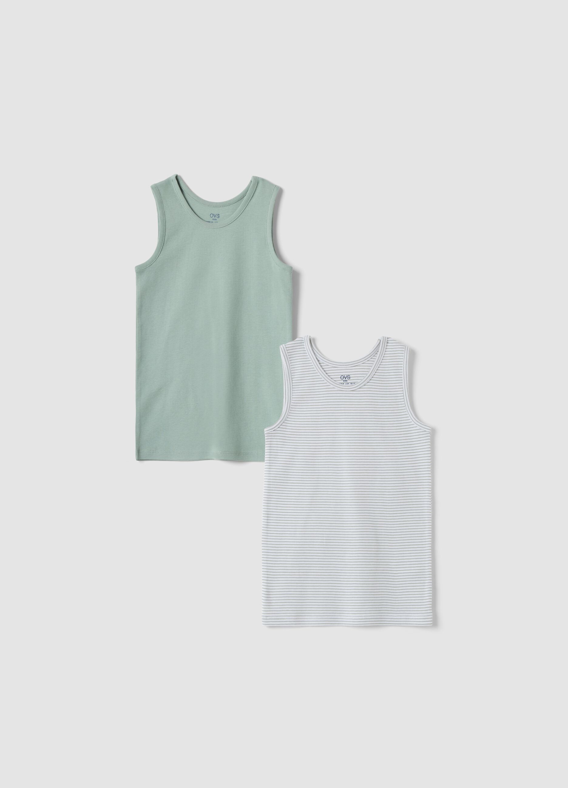 2-pack grey and green striped vests in pure organic cotton