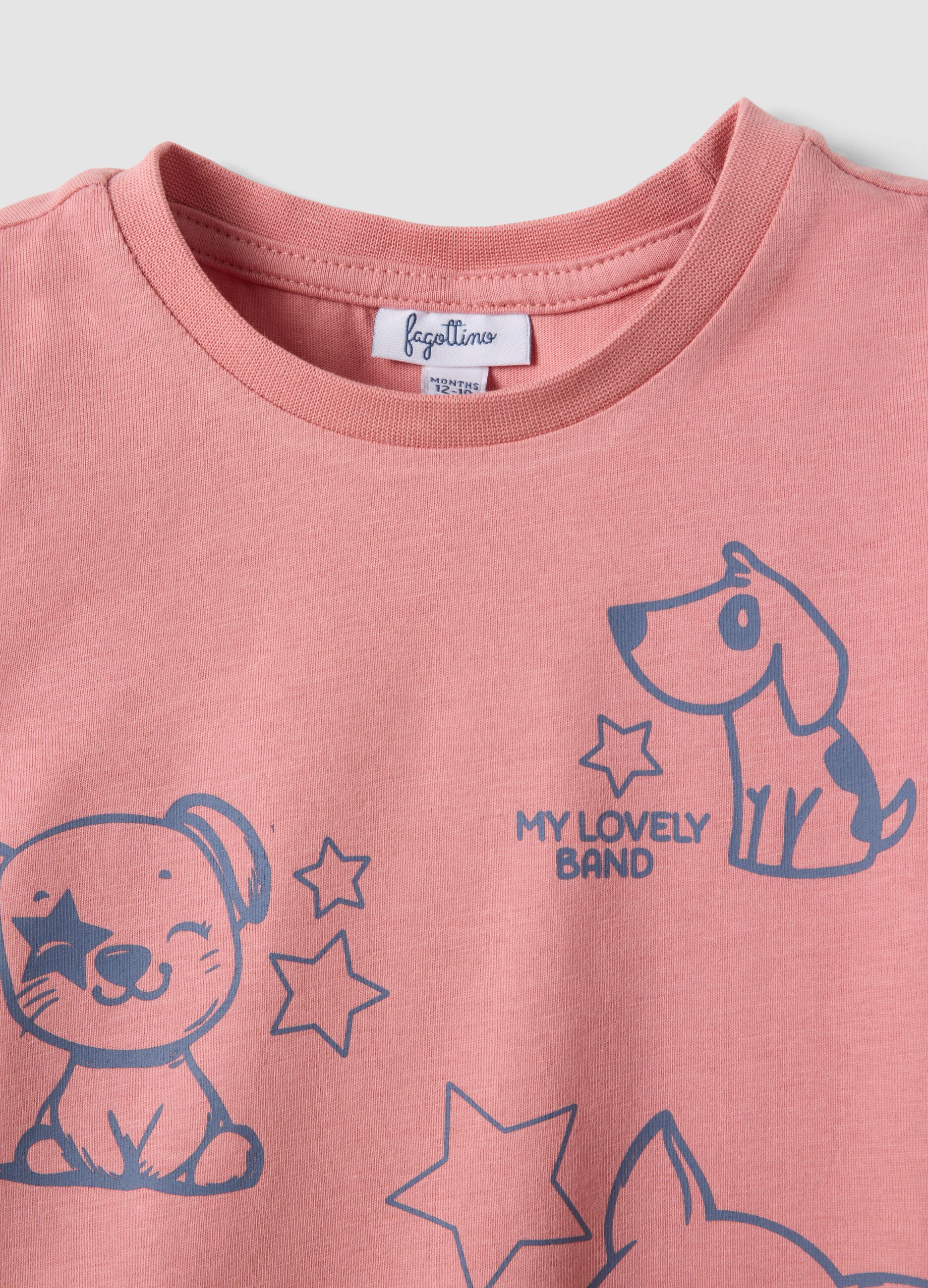 Maglietta rosa in puro cotone organico con stampa animaletti per bimba