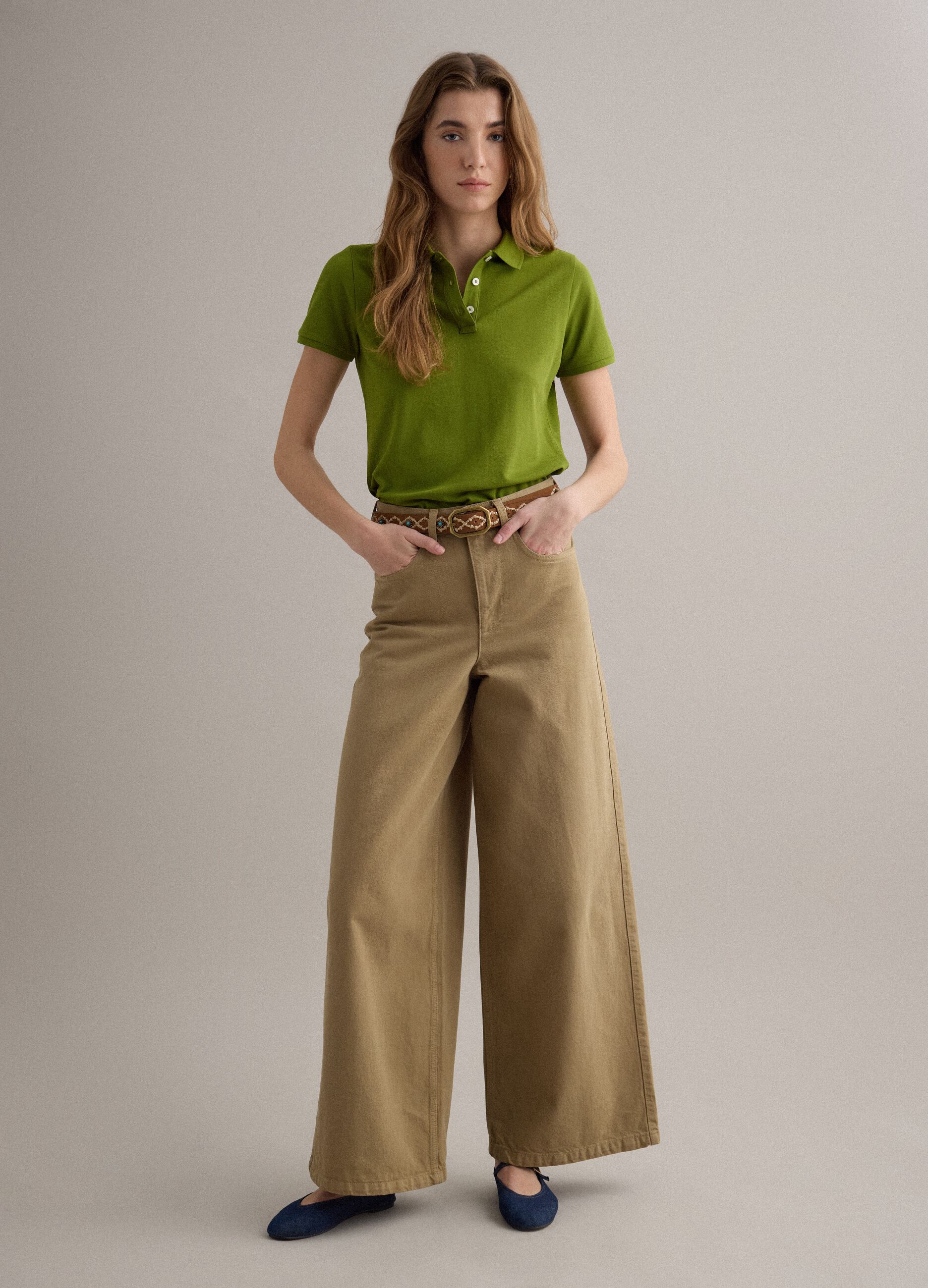 Green short-sleeve polo in pure cotton, regular fit