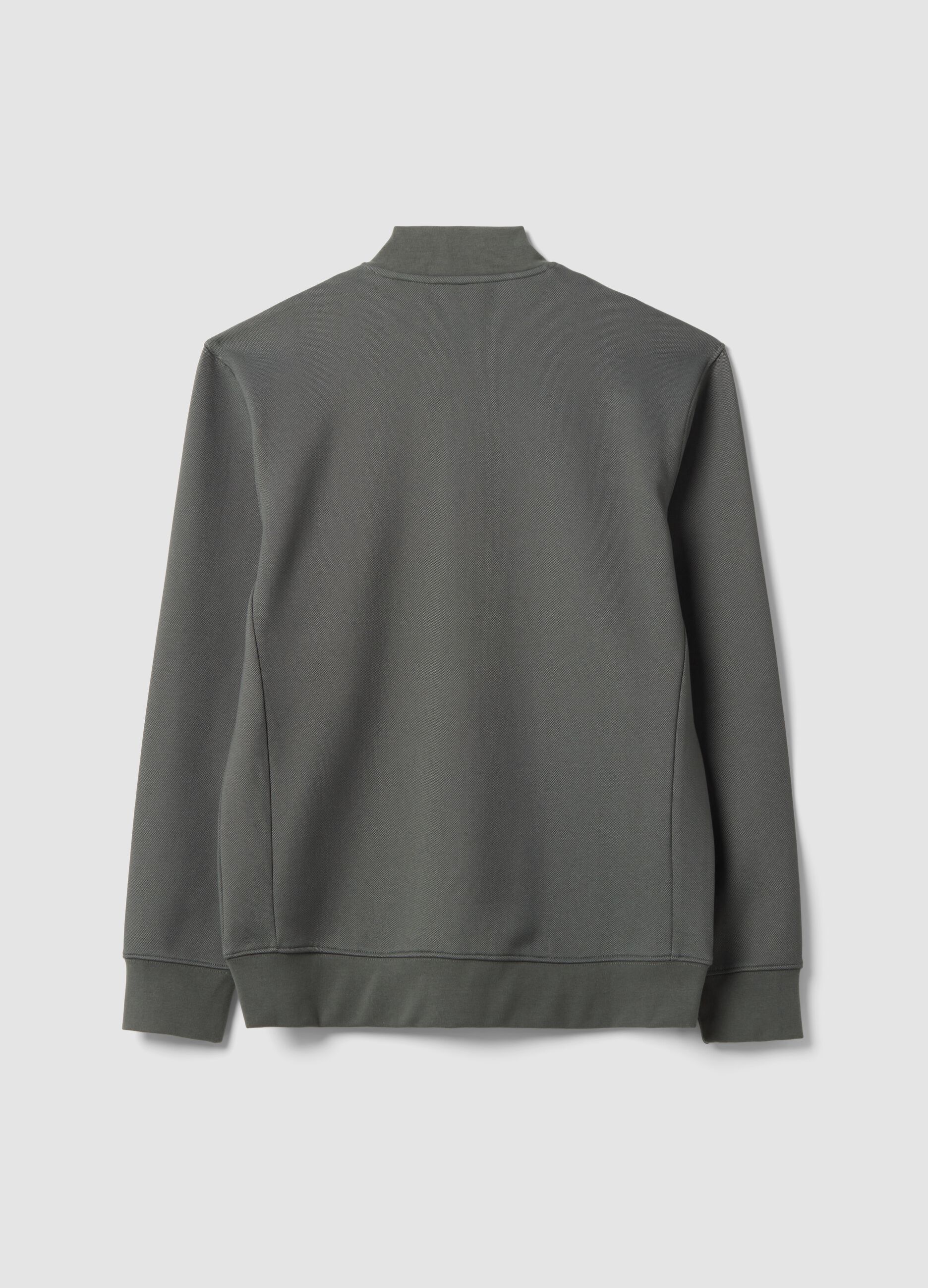 Grey full-zip piqu&eacute; sweatshirt in stretch fabric with ribbed collar