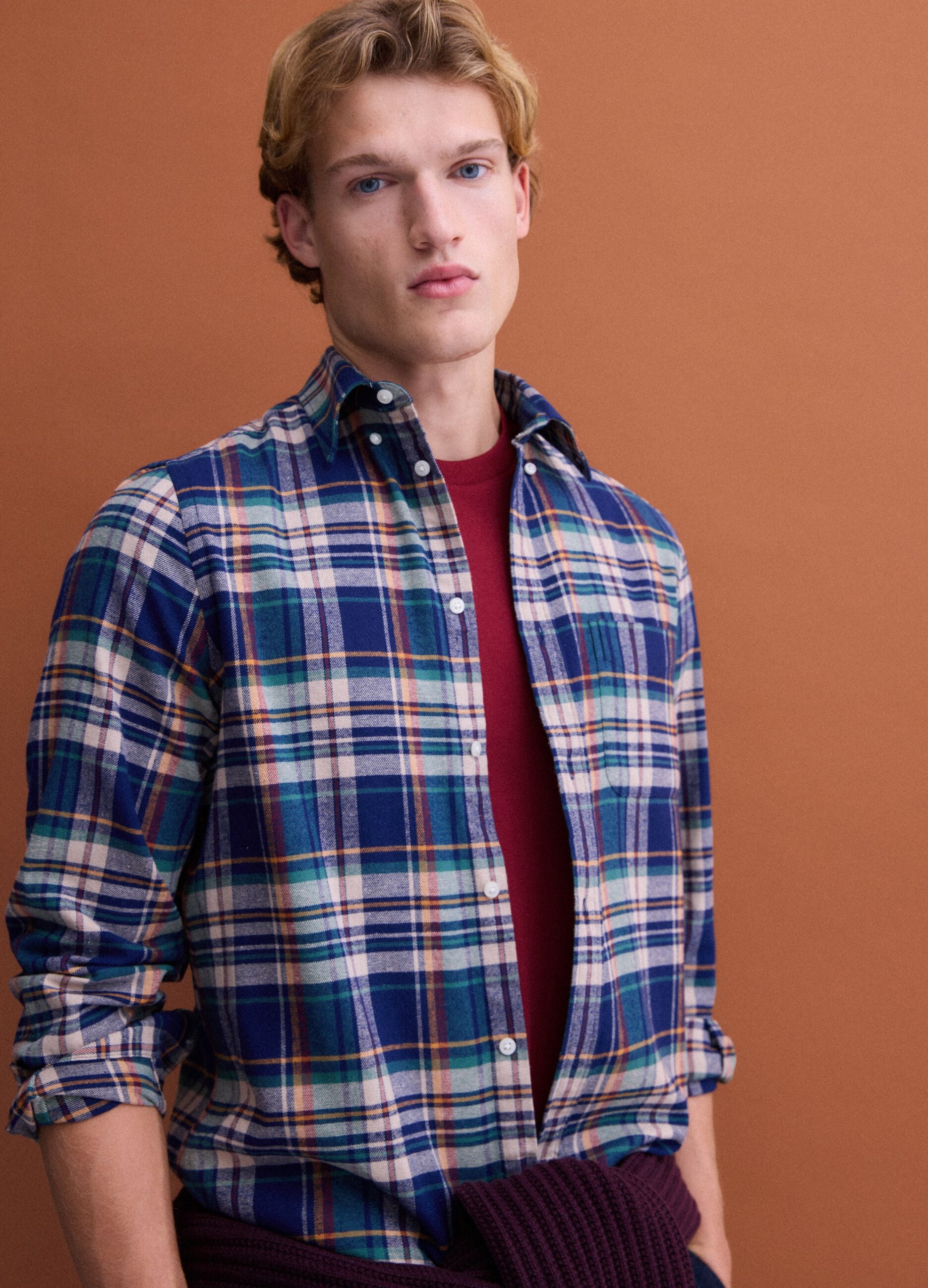 Blue and green checked pure cotton flannel shirt, regular fit