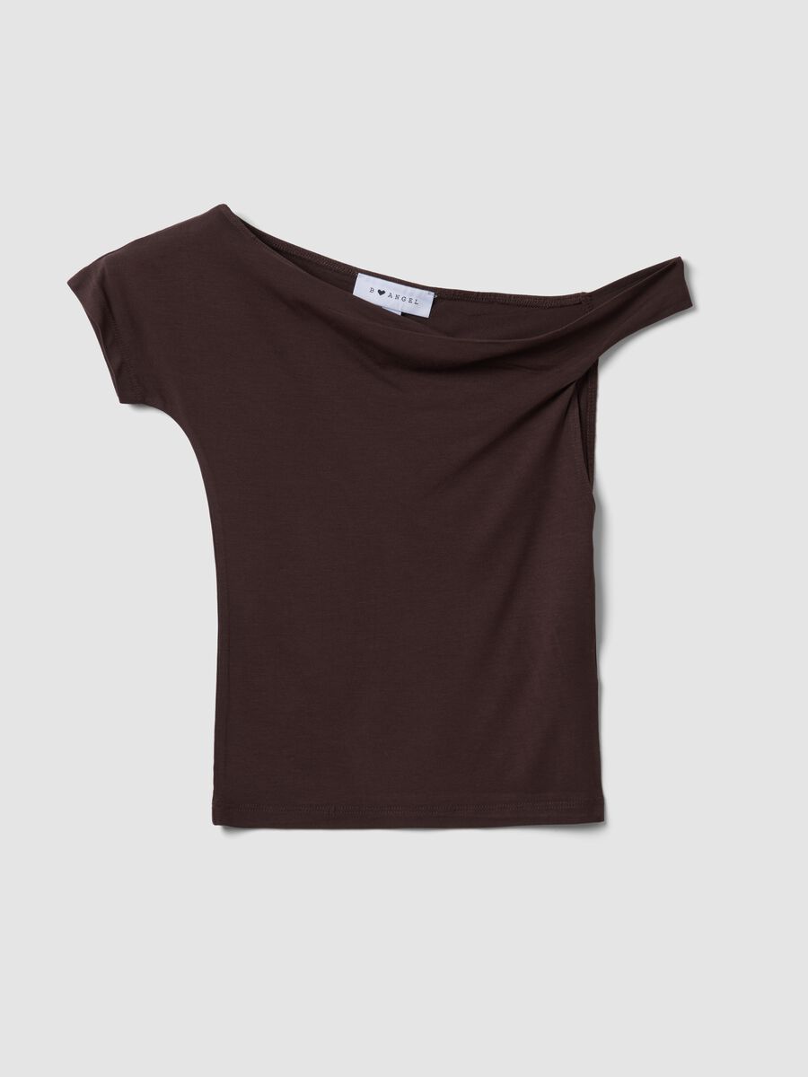 Braunes T-Shirt aus elastischer Viskose mit Carmen-Ausschnitt_4