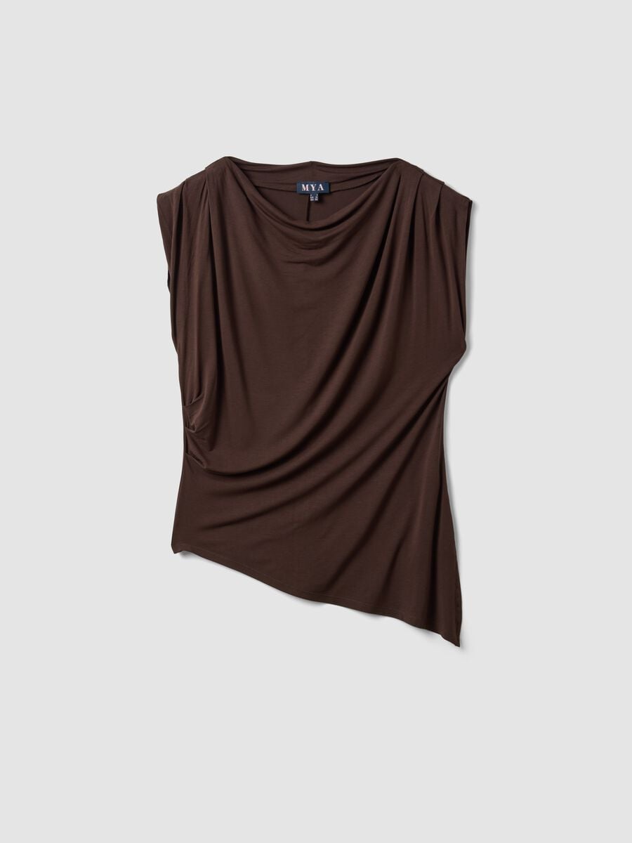 Brown stretch viscose T-shirt with draped neckline_0