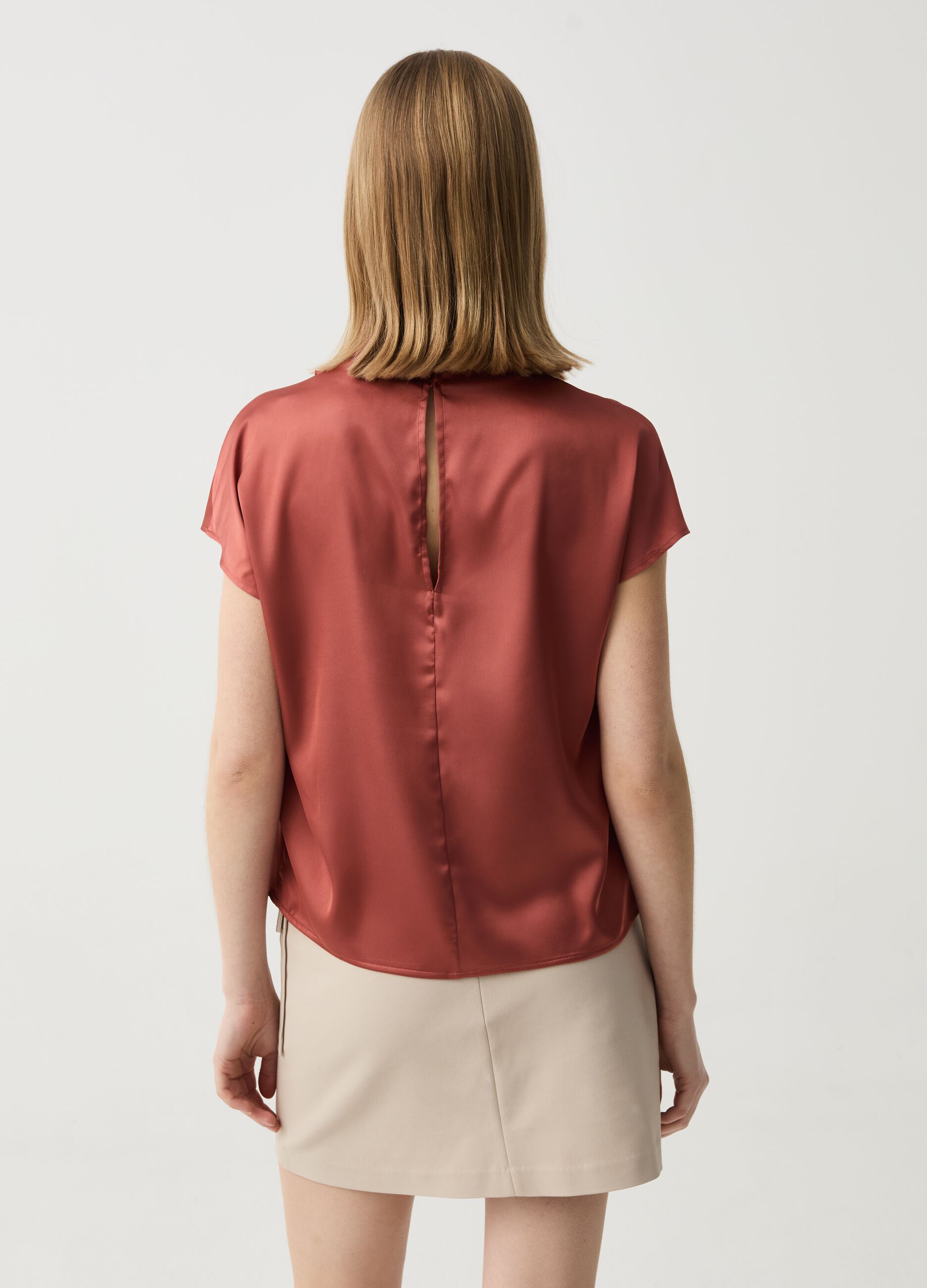 Satin blouse with high neck and draping