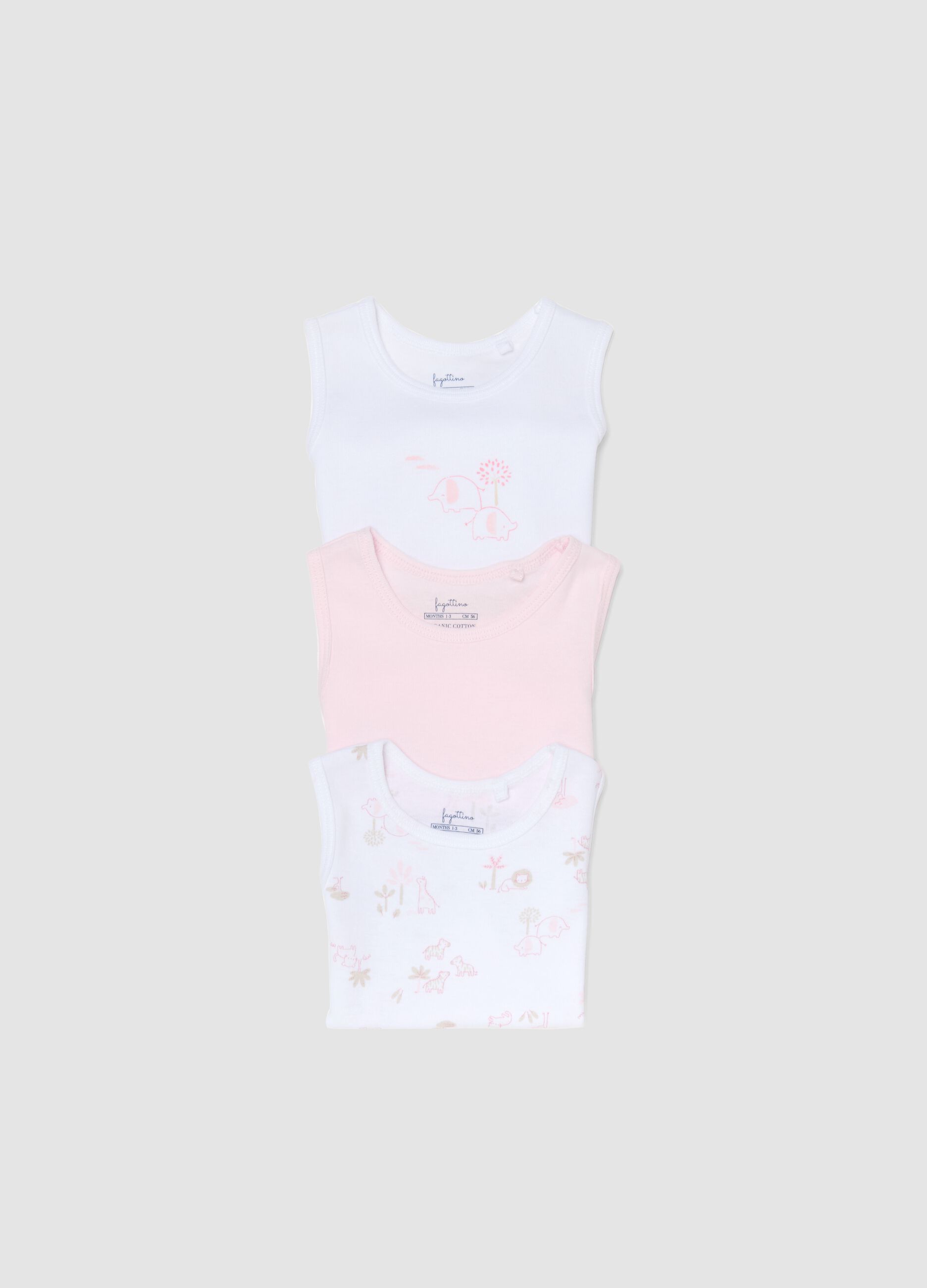 Pack of sleeveless bodysuits in pure multicolored cotton for baby girls
