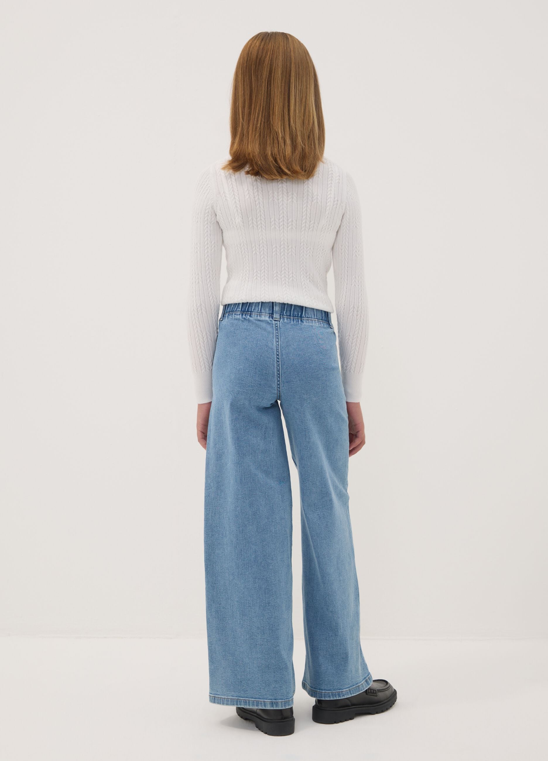 Girls&rsquo; super wide-leg cotton and stretch viscose denim jeggings