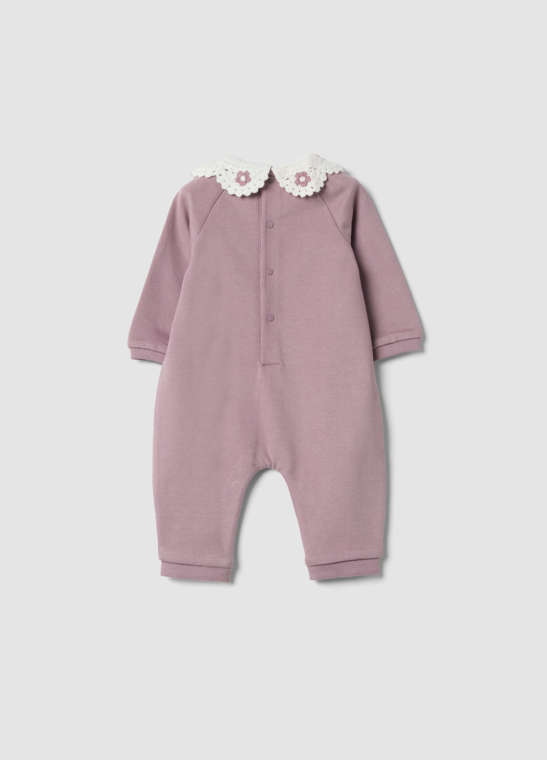 Purple organic cotton baby sleepsuit with crochet collar