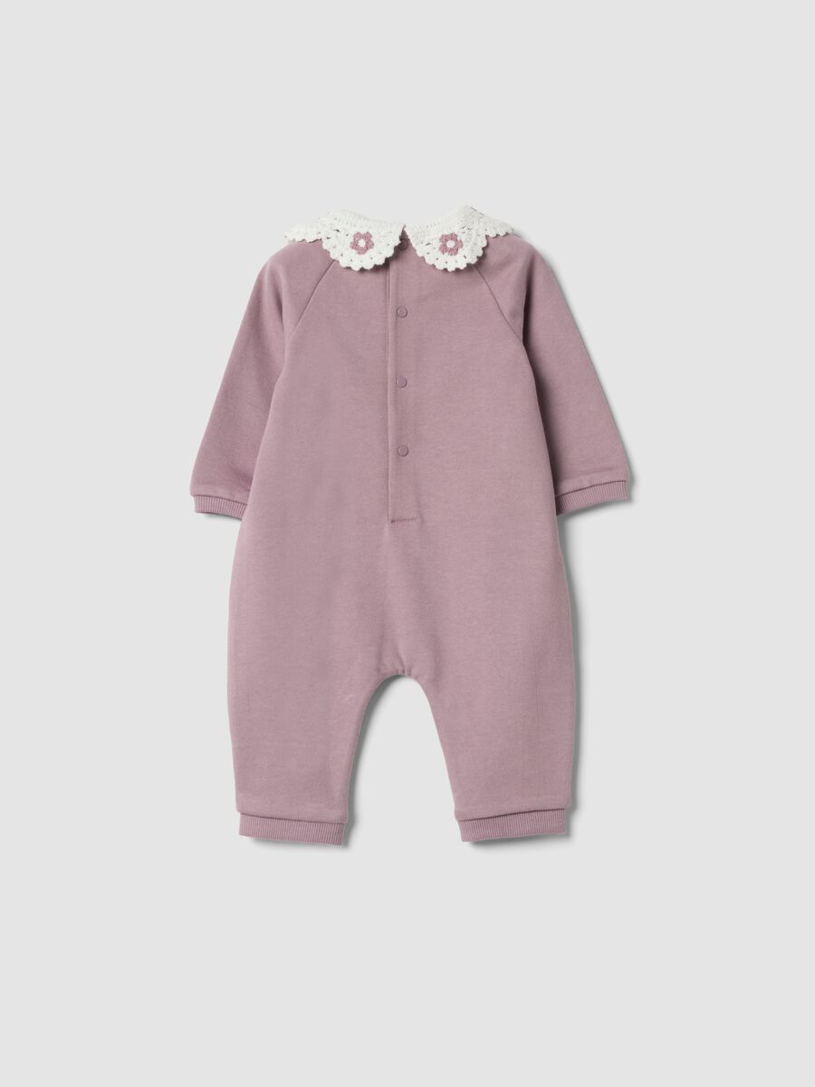 Purple organic cotton baby sleepsuit with crochet collar_1