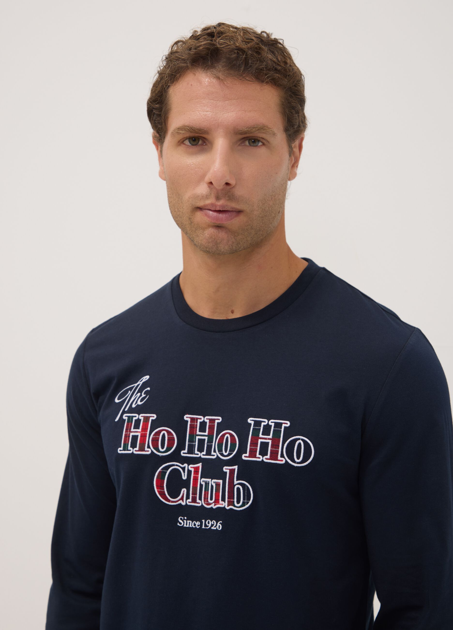 Navy blue pure cotton crew-neck pyjamas