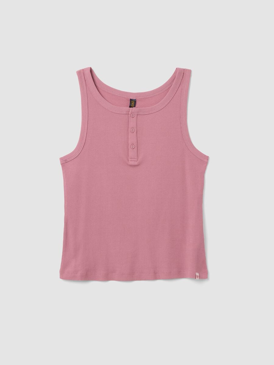 Pink ribbed cotton and viscose blend henley vest_0