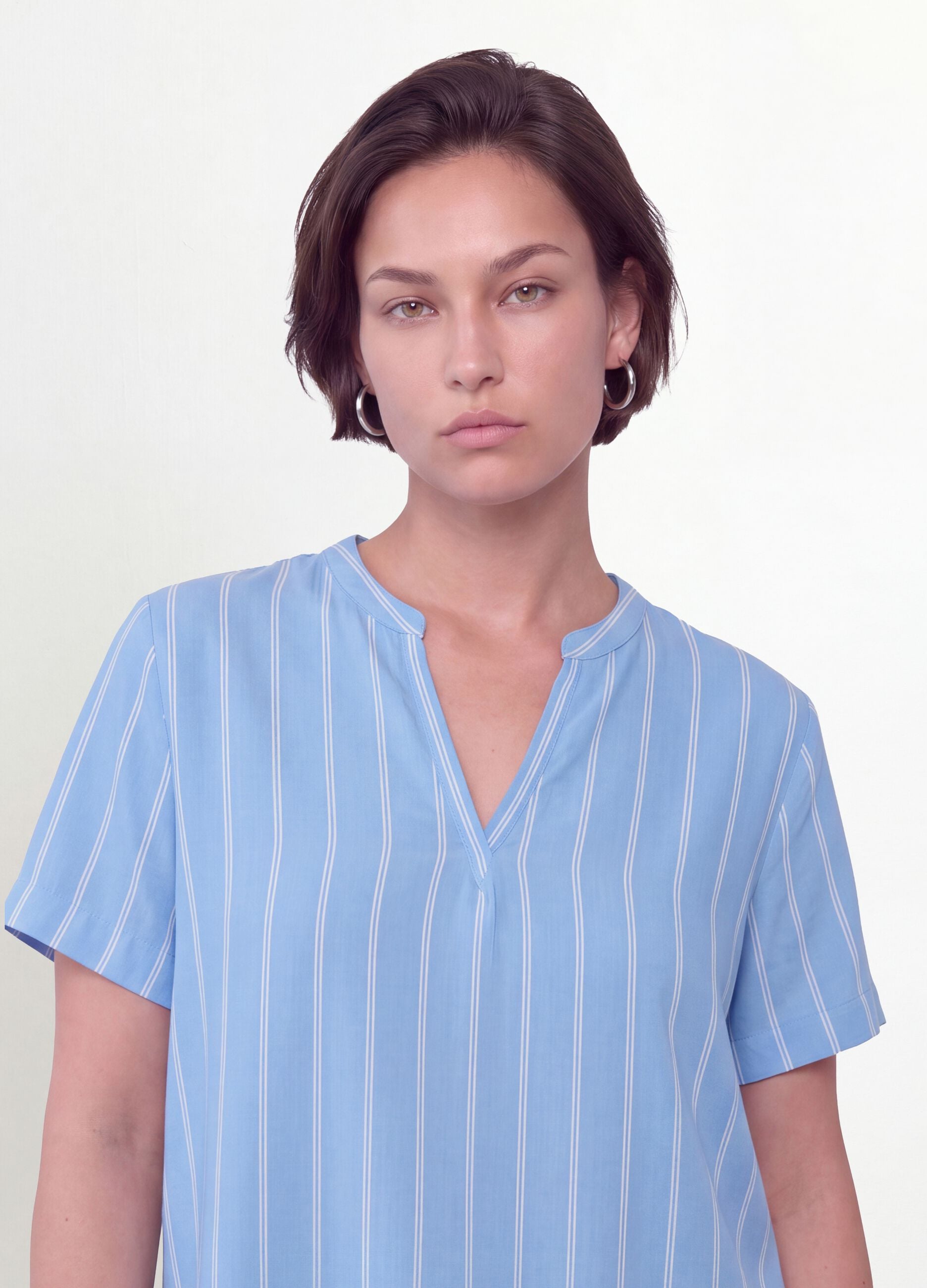 Blue striped pure viscose blouse with Mandarin collar, regular fit