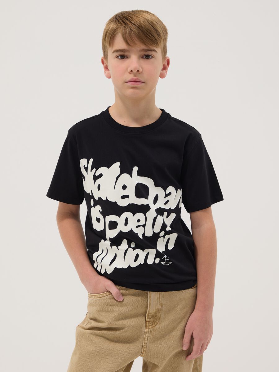 Boy's black pure cotton regular fit T-shirt with print_0