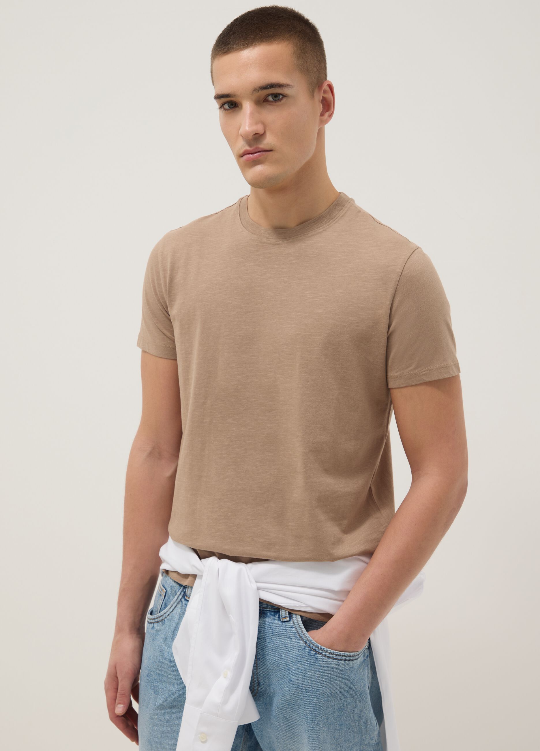 Beige short sleeve regular fit pure cotton t-shirt