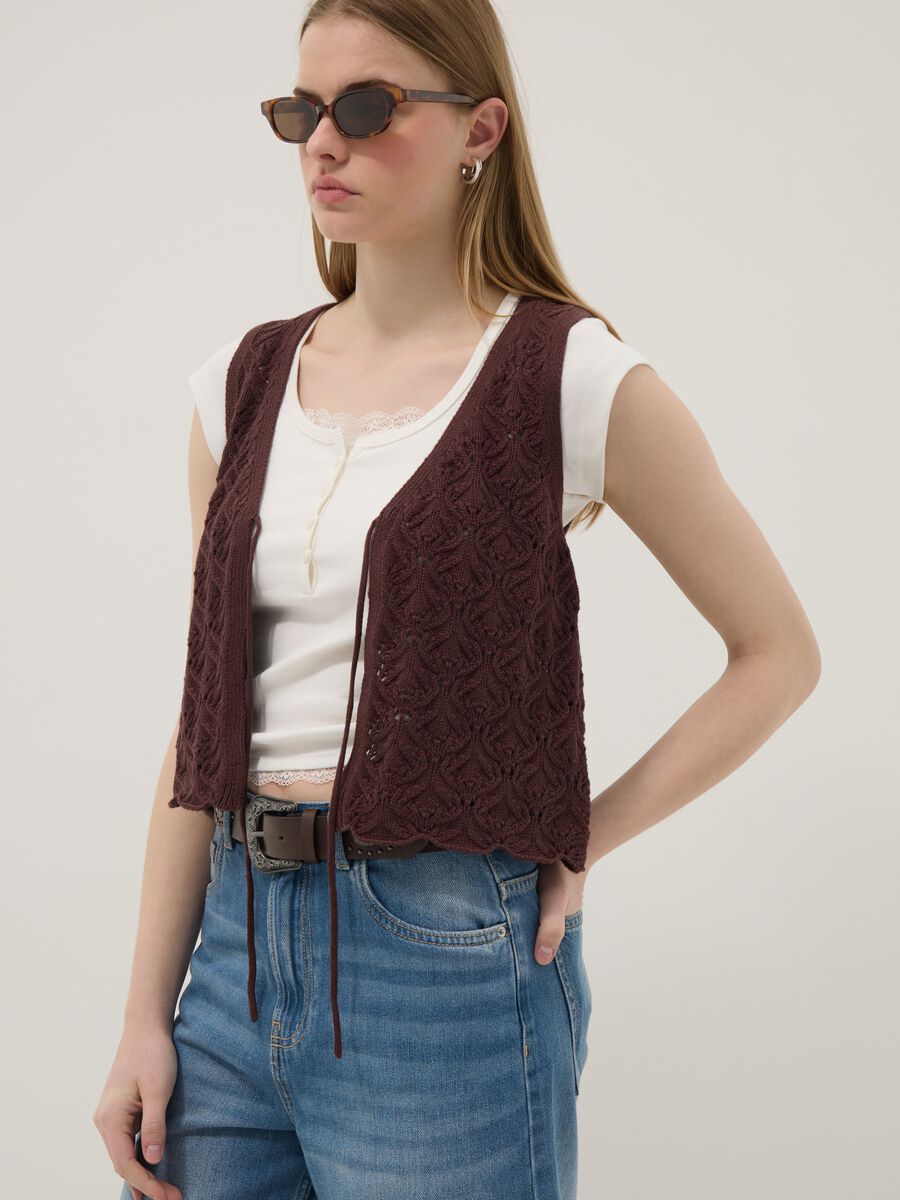 Braune Weste aus reiner Baumwolle im Regular Fit mit Bindeb&auml;ndern und tiefem V-Ausschnitt_0