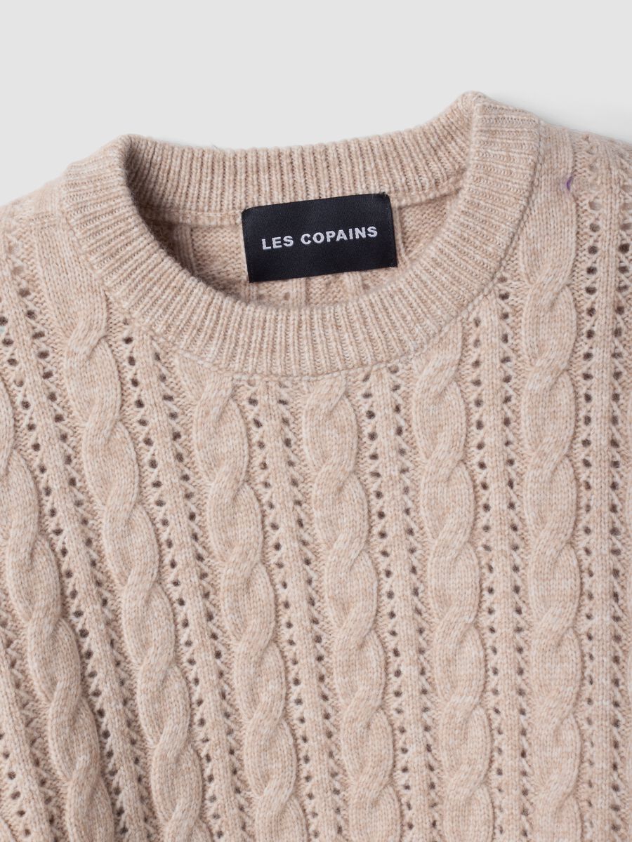 Beige cable-knit wool-blend crew-neck jumper, regular fit_1
