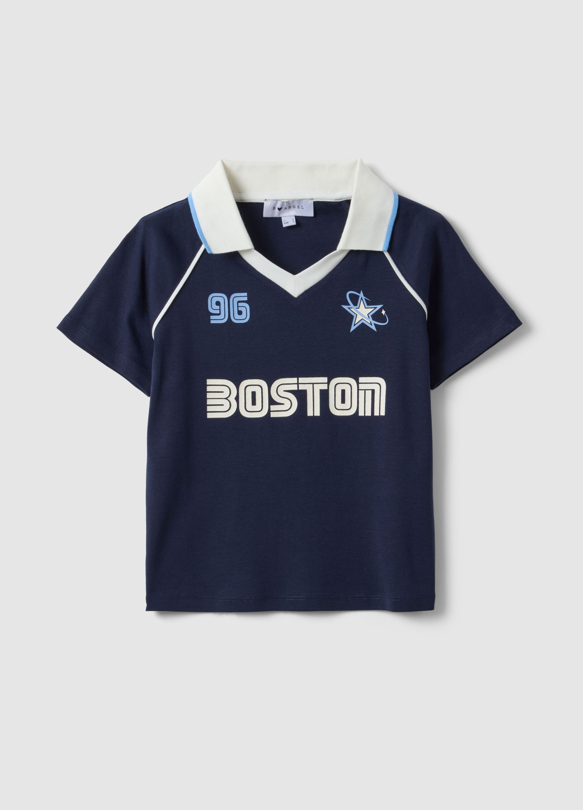 T-shirt azul de algod&atilde;o puro, corte regular com gola polo e estampado