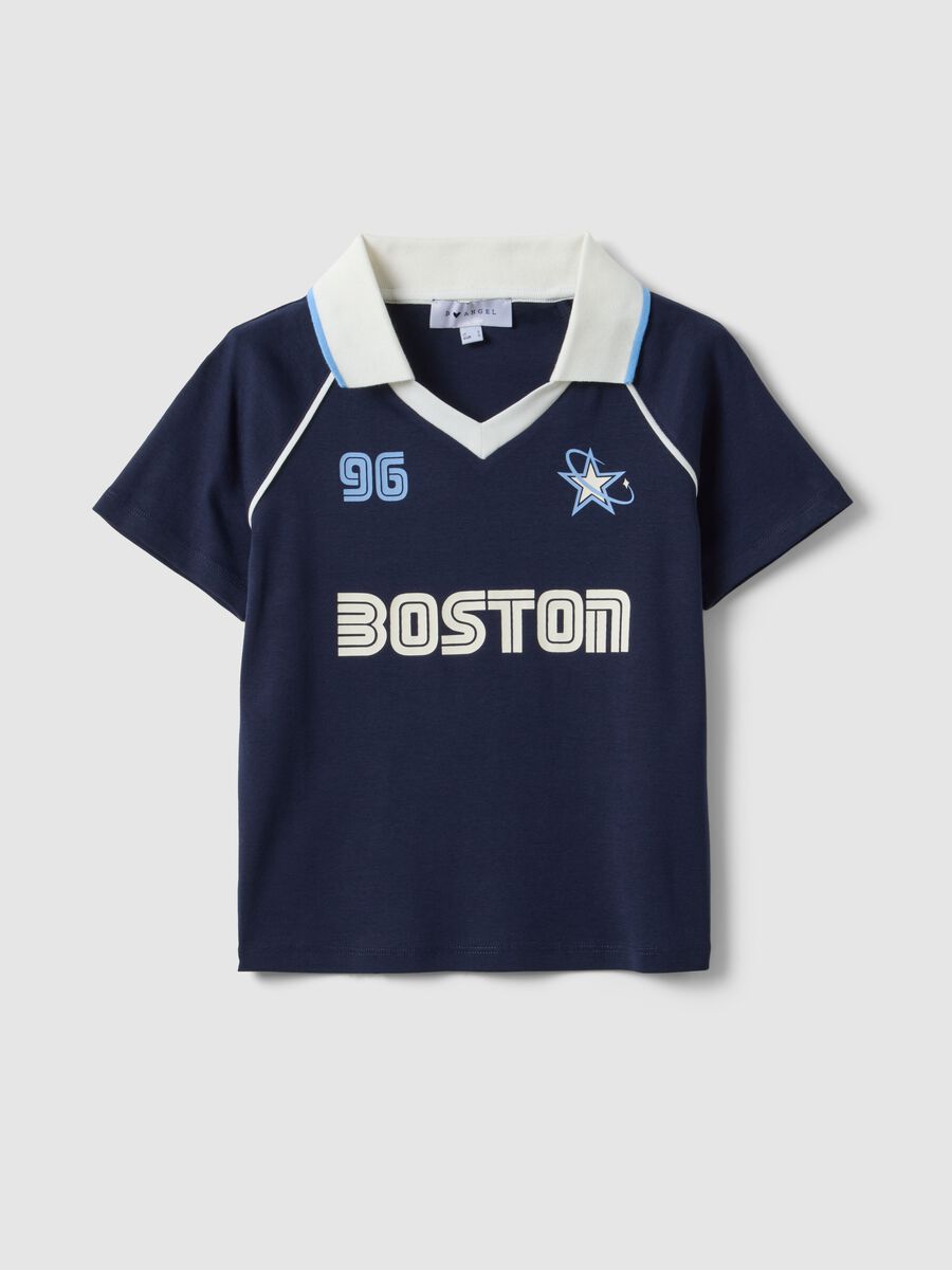Blaue T-Shirt aus reinem Baumwolle mit Polo-Kragen und Print, regular Fit_0