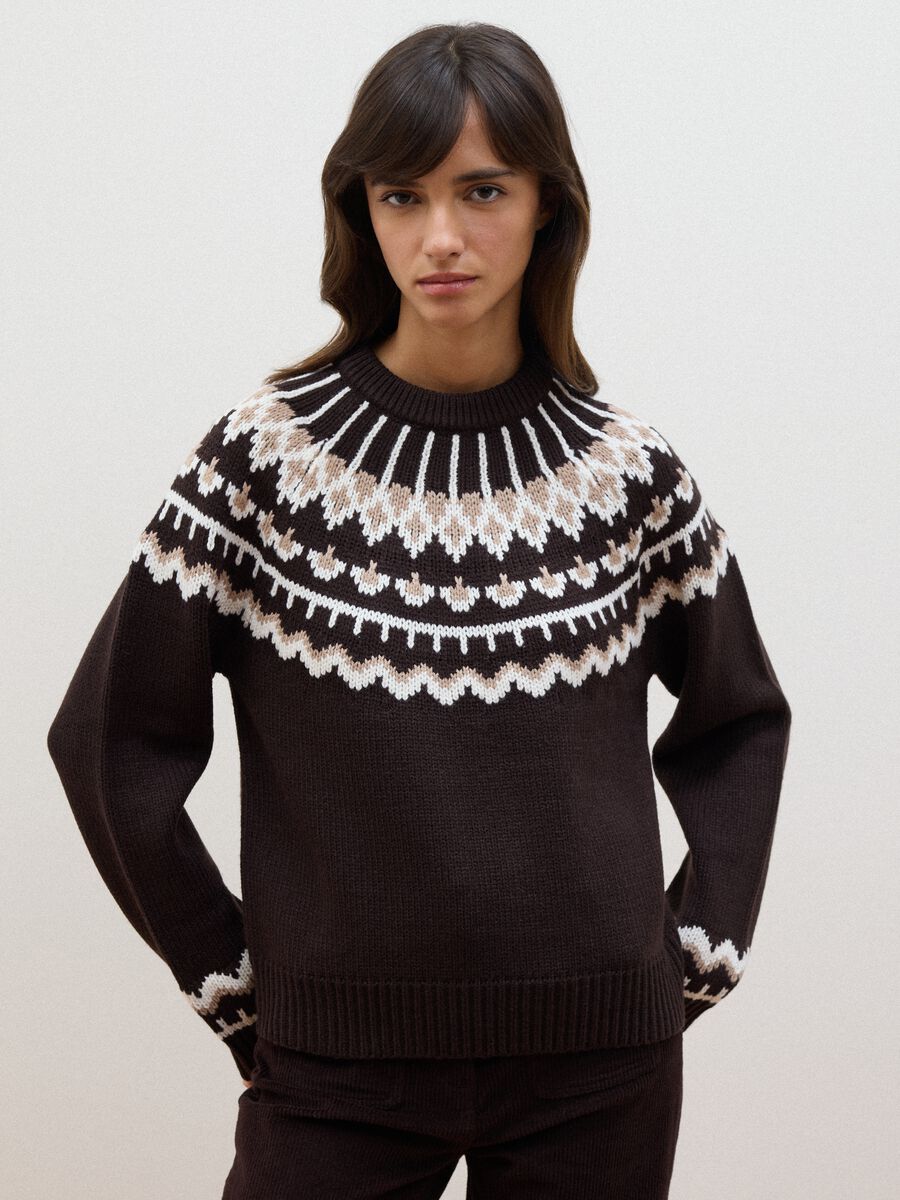 Brown jacquard wool-blend crew-neck jumper, regular fit_2