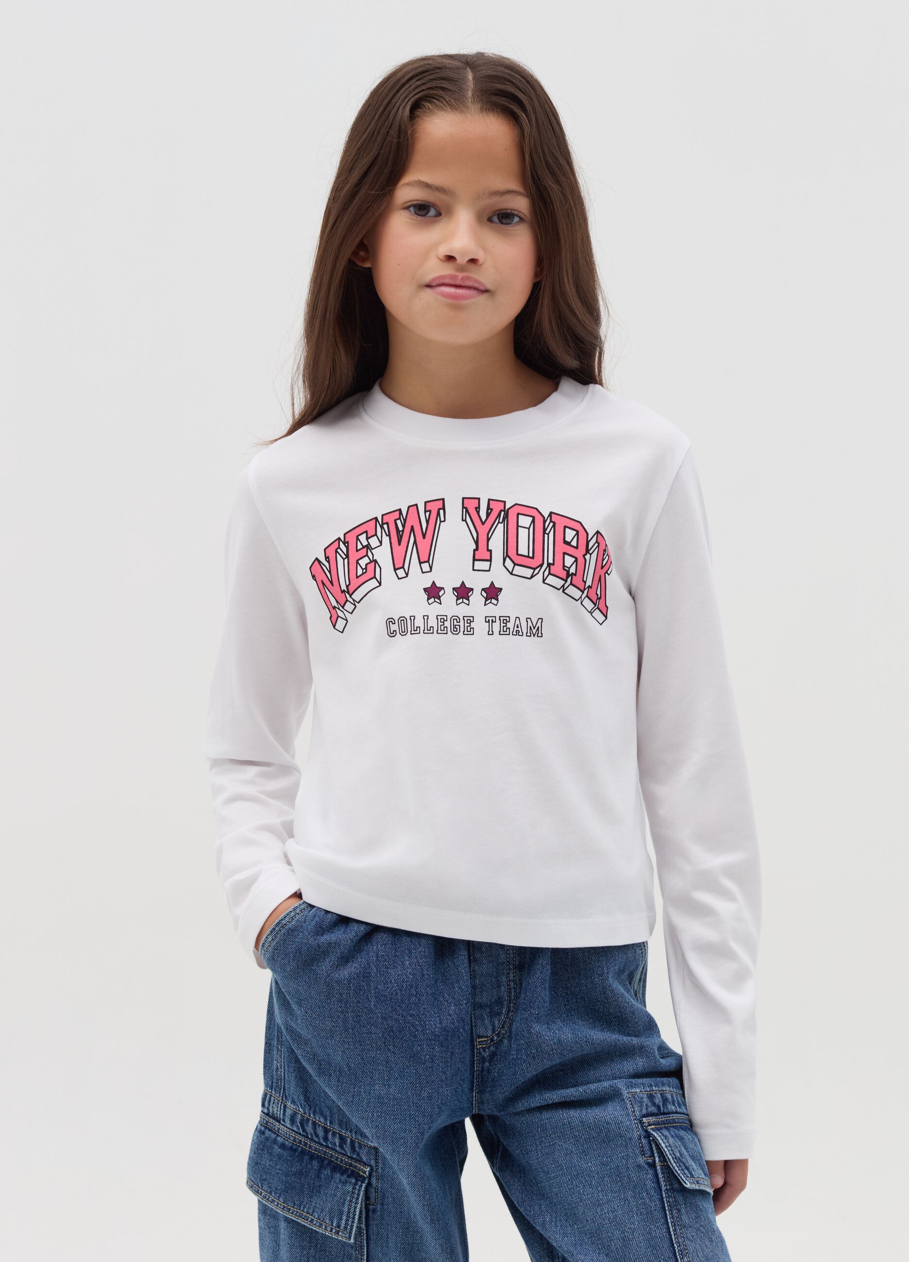 Crop T-shirt with long sleeves and print