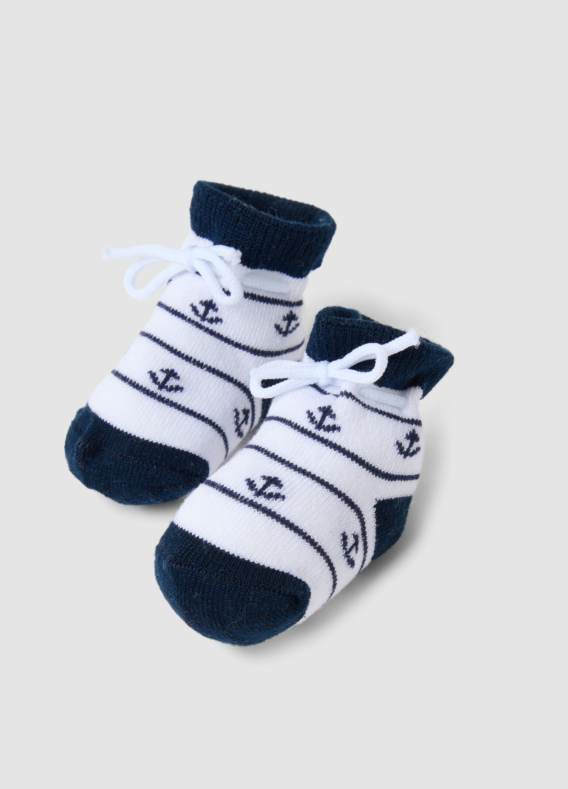 Blue and white stretch-cotton baby booties