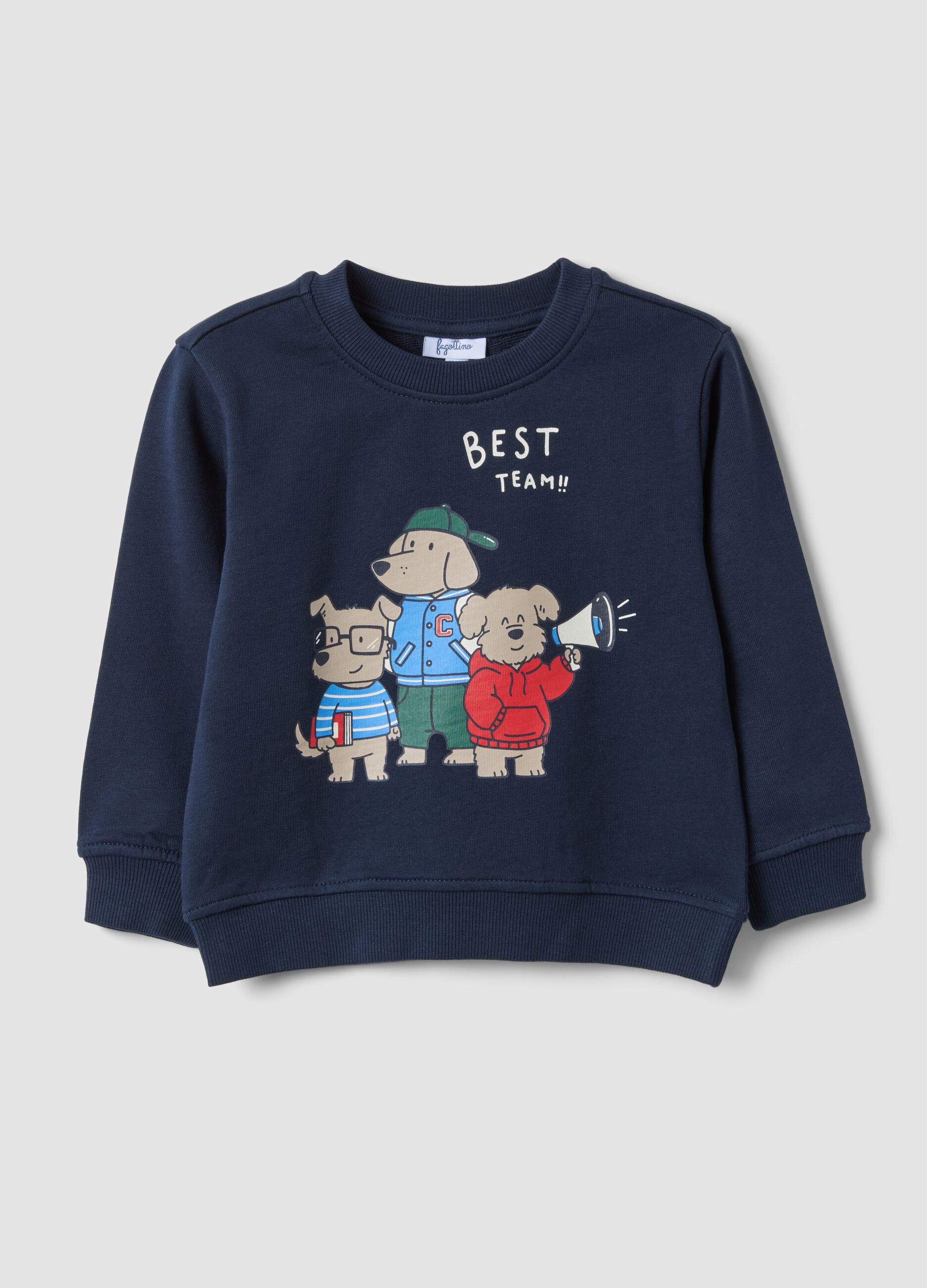 Felpa blu in puro cotone con girocollo e stampa per bimbo regular fit