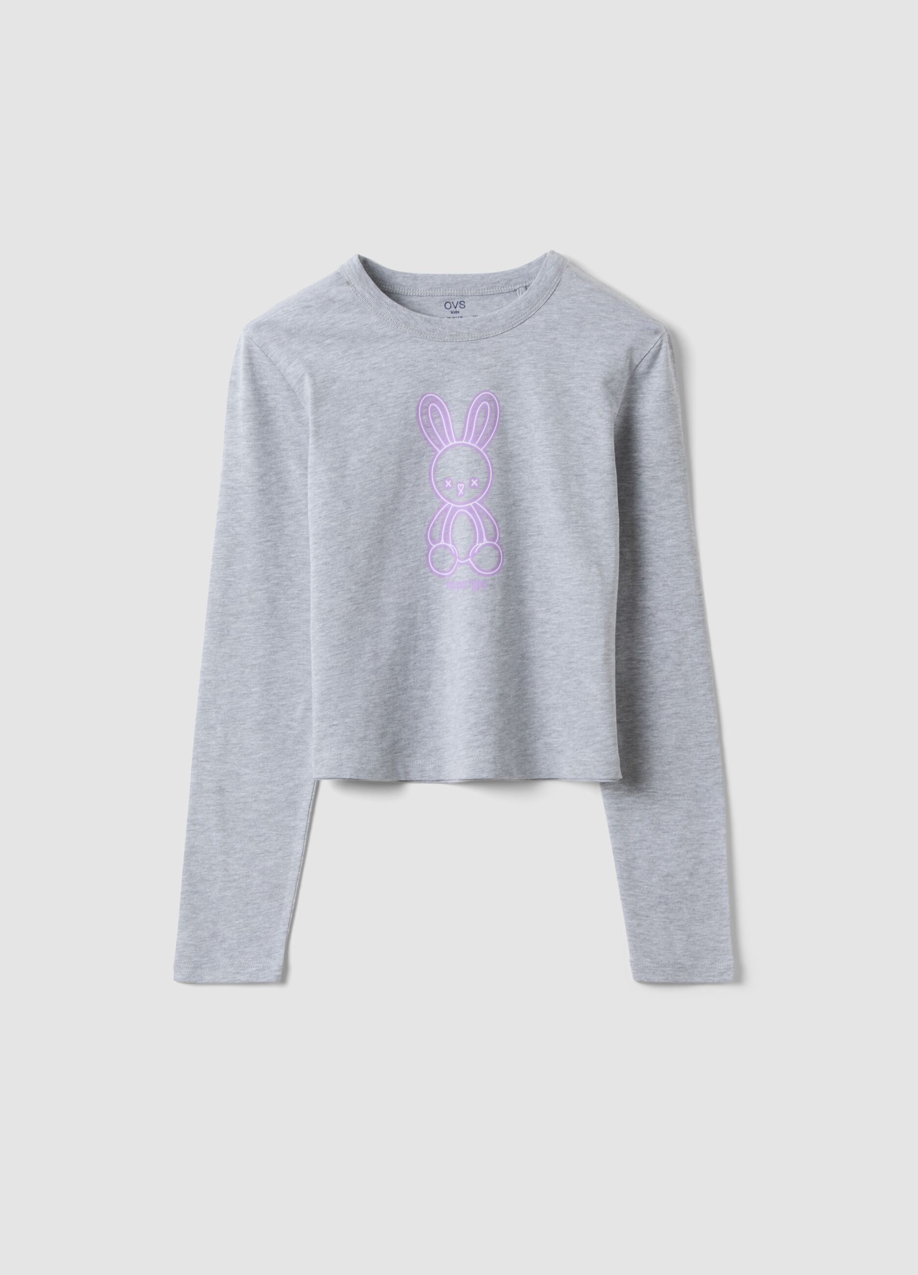 Girls&rsquo; grey organic cotton crop T-shirt with ribbed neckline