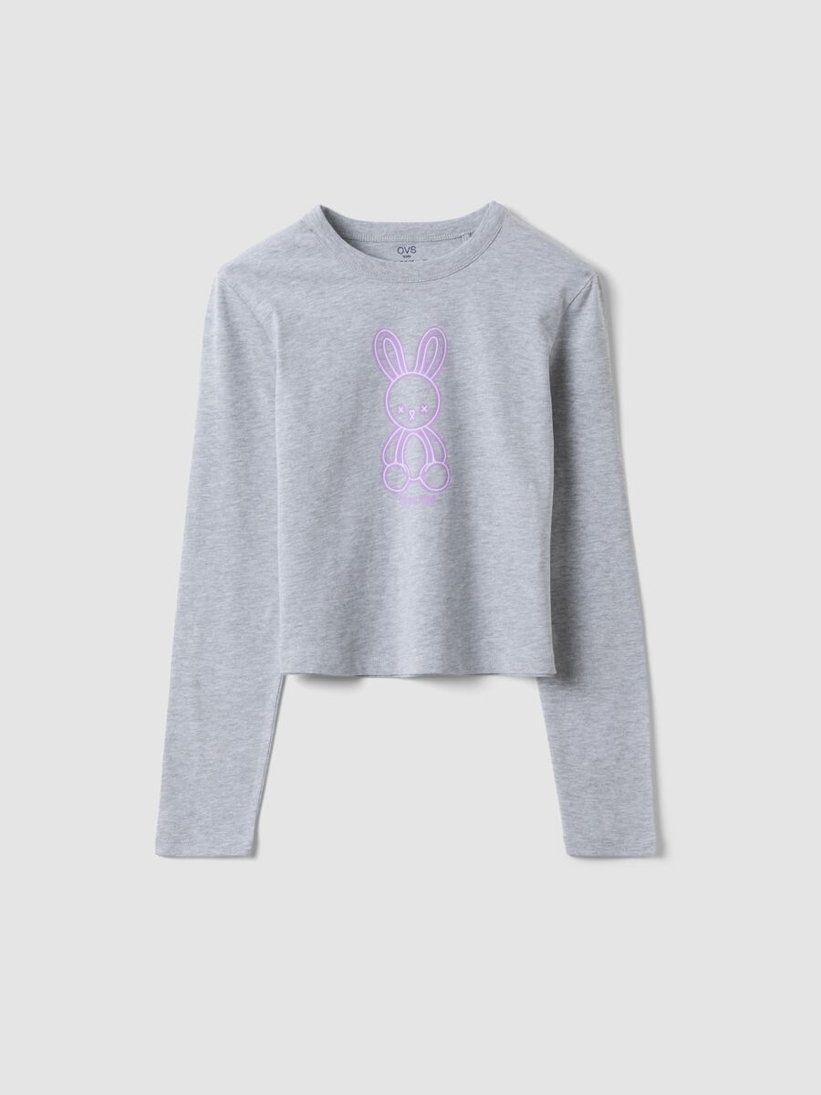 Girls&rsquo; grey organic cotton crop T-shirt with ribbed neckline_0