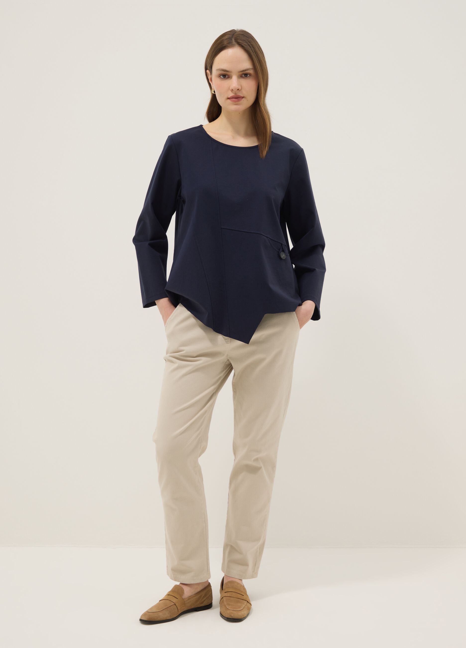 Blue long-sleeved regular-fit stretch cotton blouse