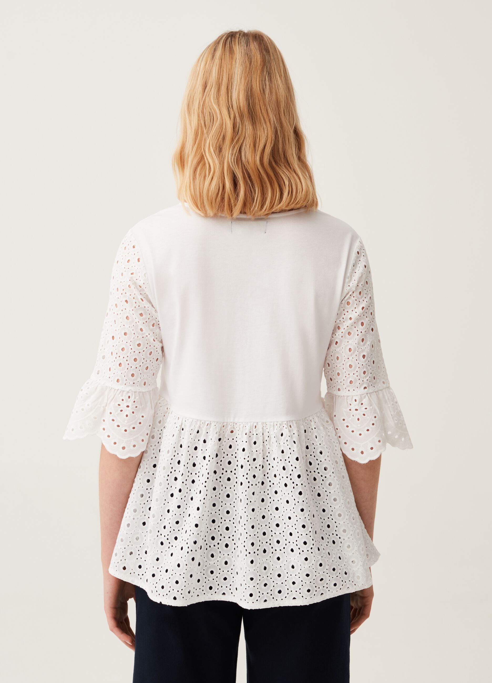 T-shirt in broderie anglaise lace with flounce