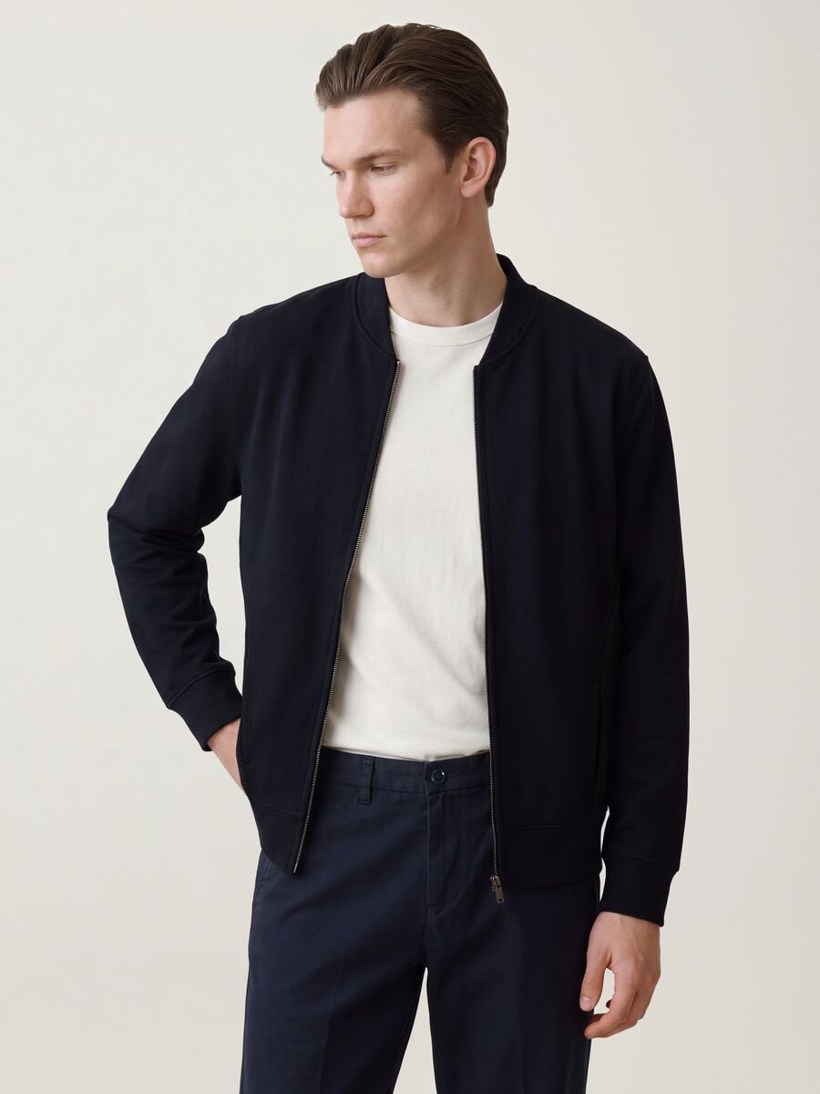 Navy full-zip sweatshirt in stretch piqu&eacute; with ribbed collar_0