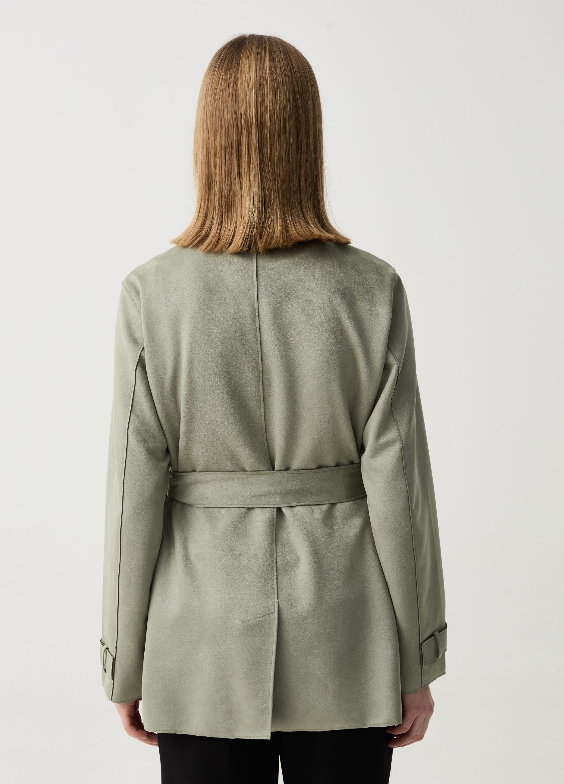 Short double-breasted trench coat in suede