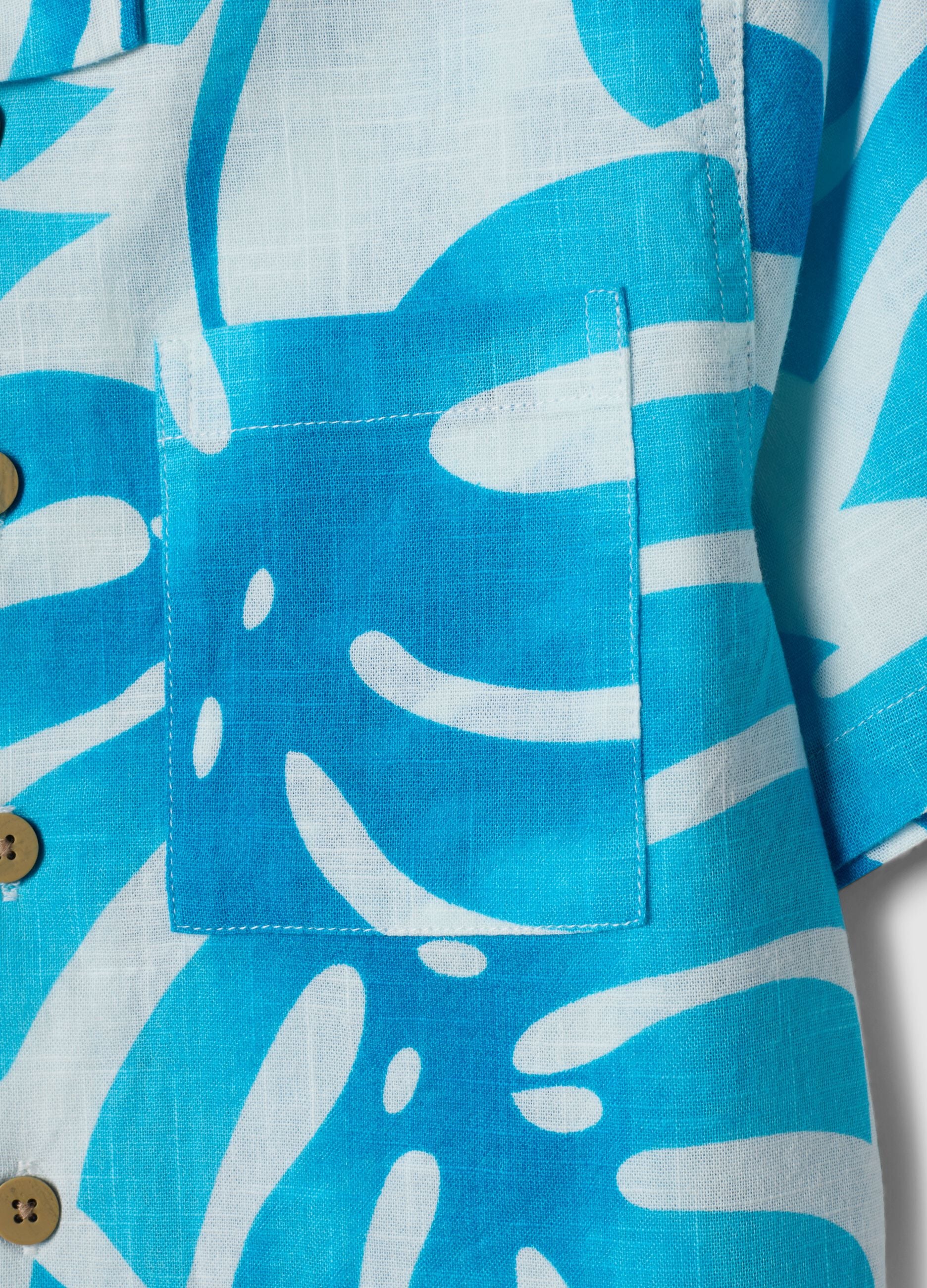Blue and white pure cotton shirt with tropical print