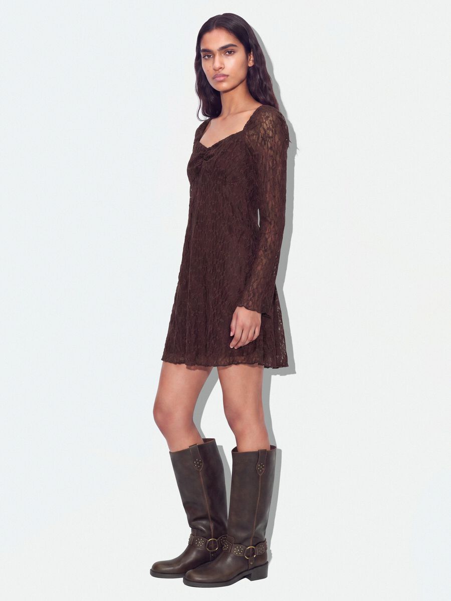 Brown stretch-fabric dress with deep V-neck, regular fit_1