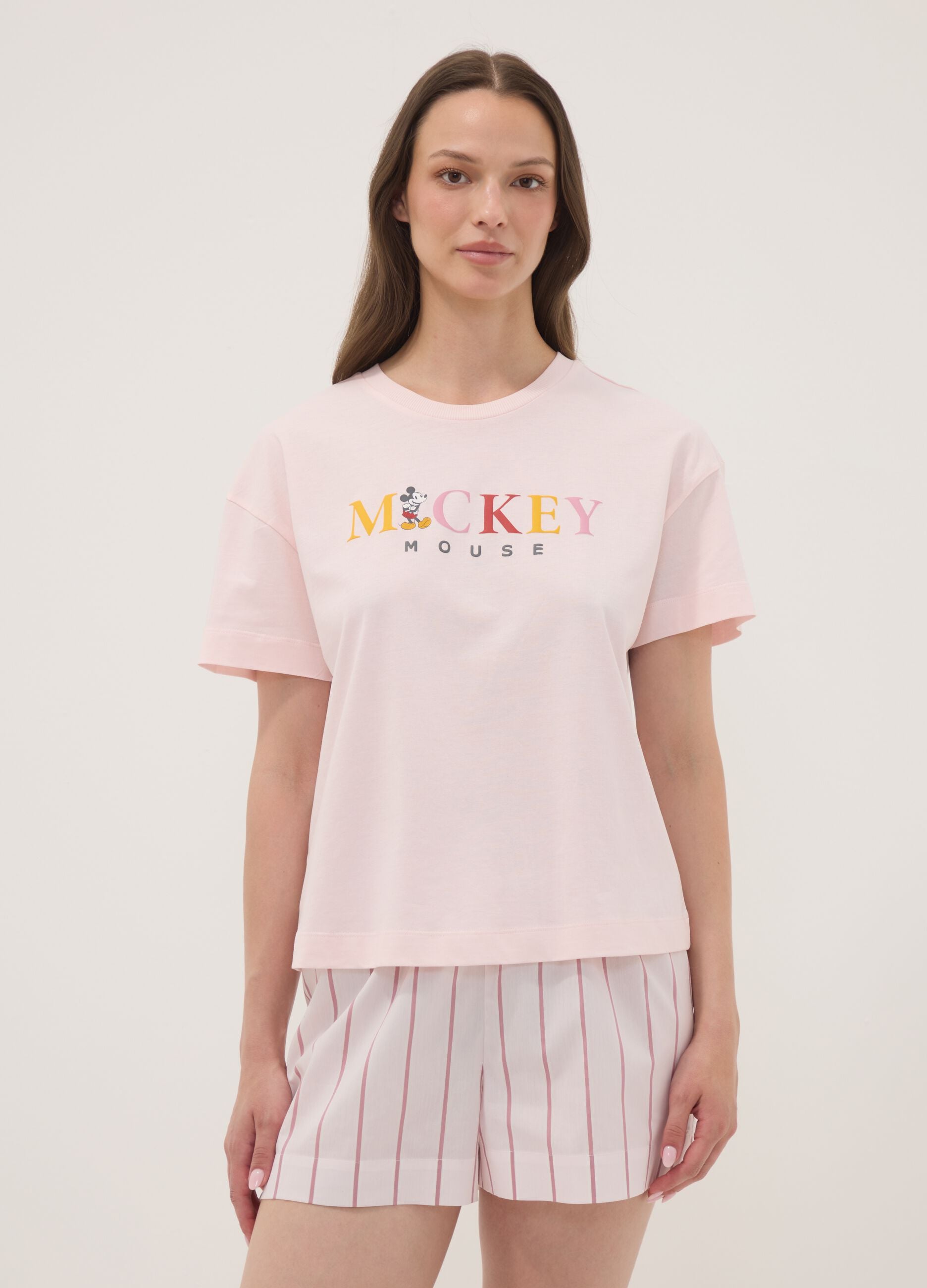 Pink organic cotton pyjama T-shirt with Mickey Mouse slogan
