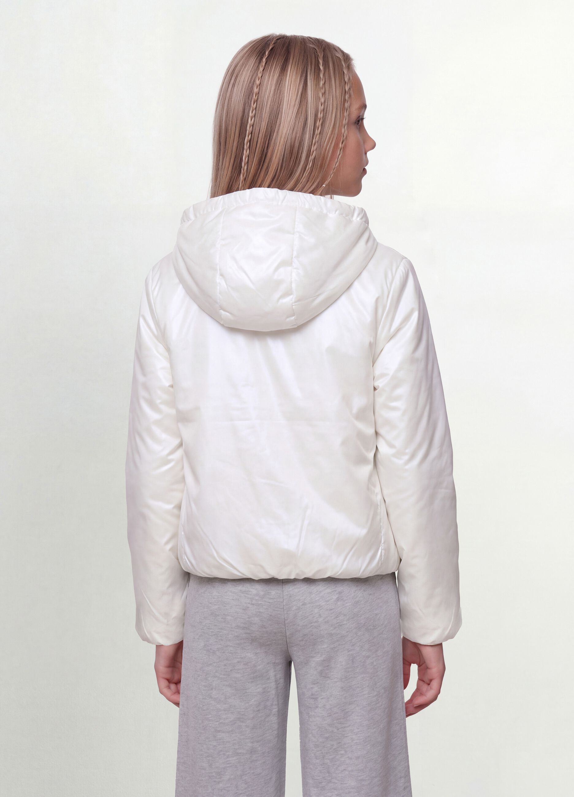 White hooded rain jacket with zip for girls