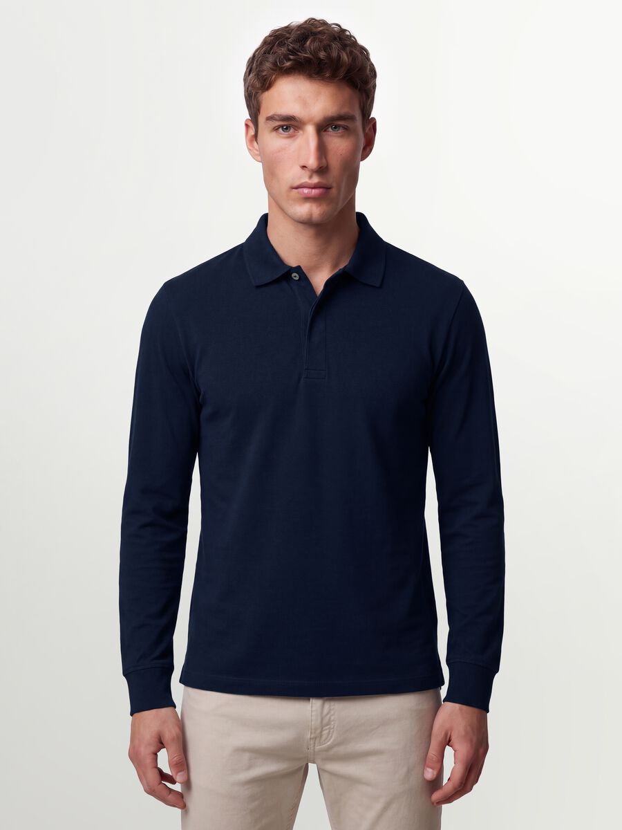 Navy stretch-cotton long-sleeve polo shirt, regular fit_0