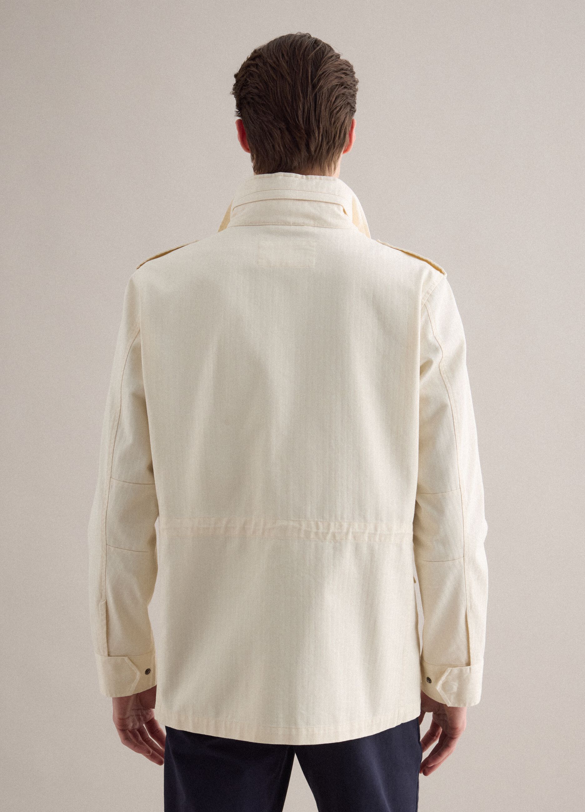 Beige cotton parka jacket, regular fit with pockets and zip