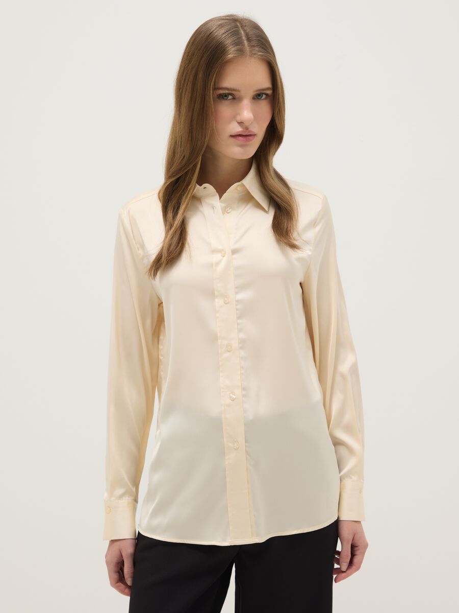 Beige long sleeve satin shirt regular fit_0