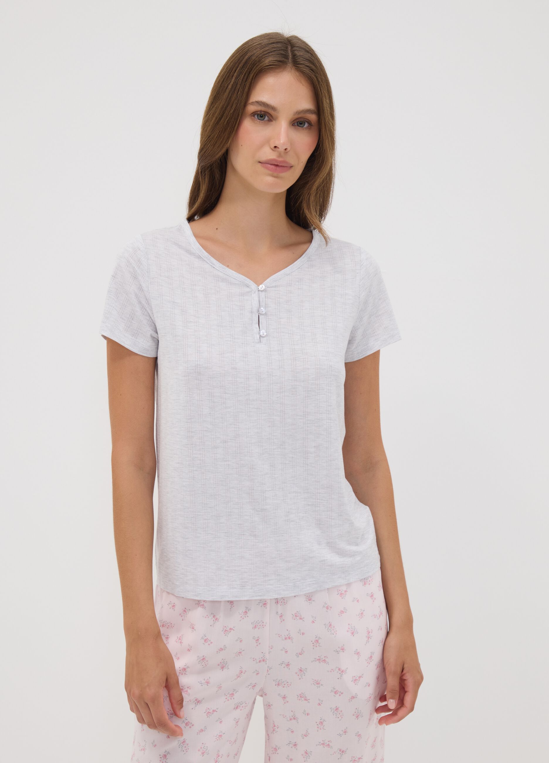 Grey stretch viscose V-neck pyjama top