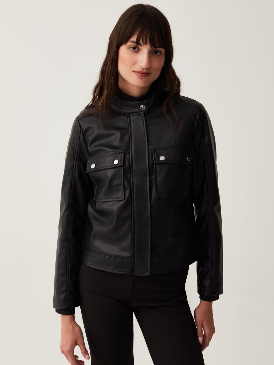 Glossy-effect biker jacket with pockets_1