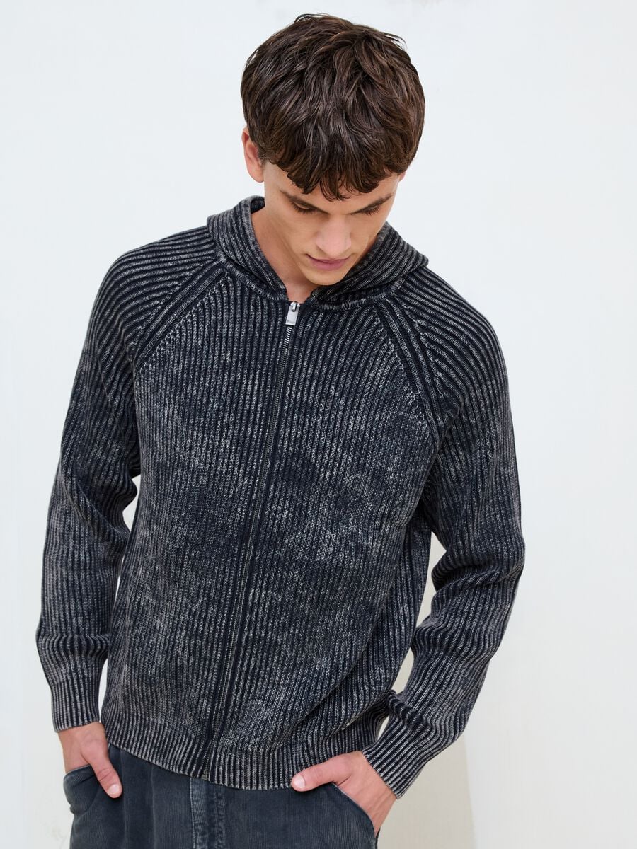 Vintage Grey Ribbed Knit Hoodie_0
