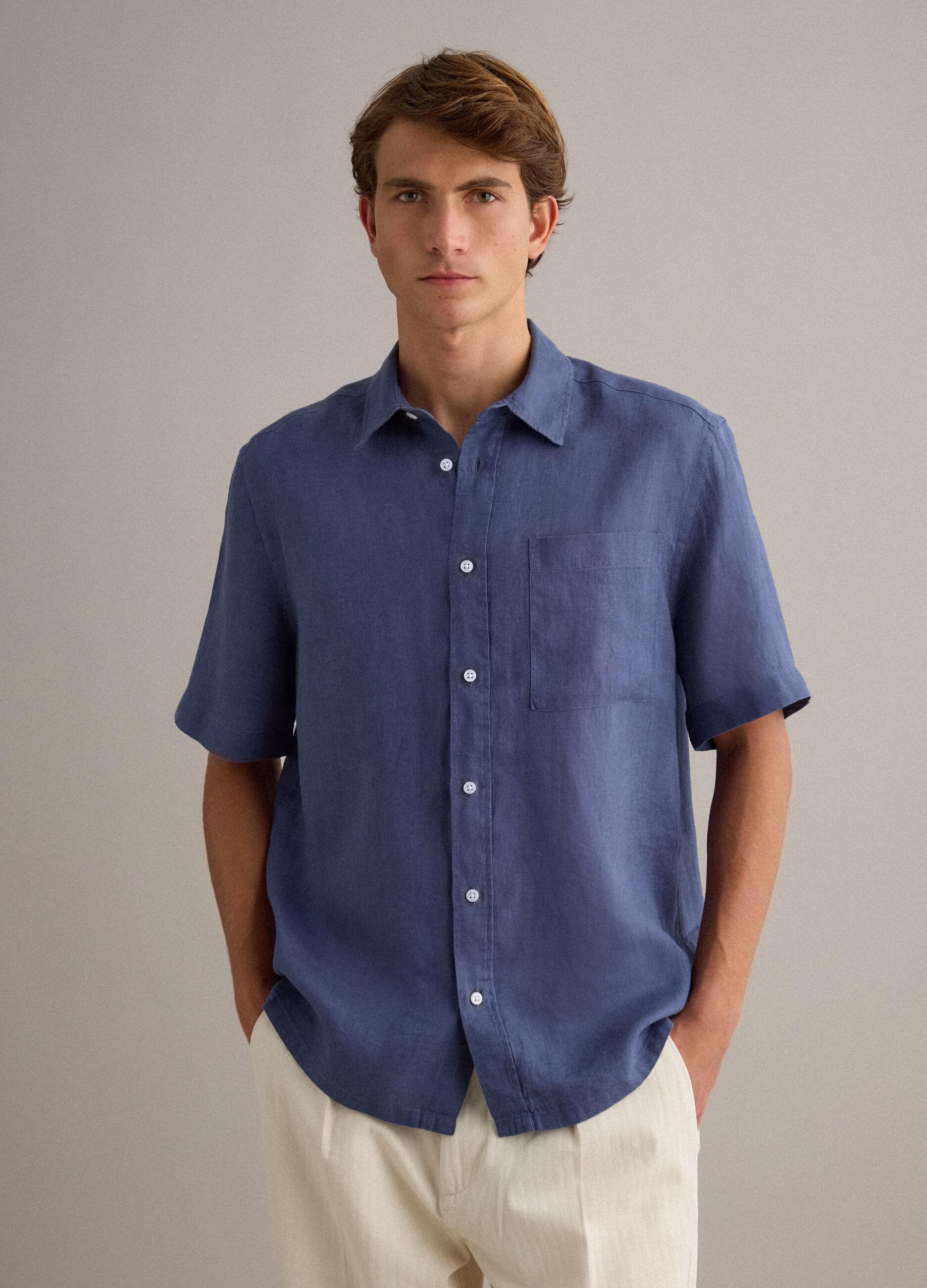Blue Pure Linen Regular Fit Shirt