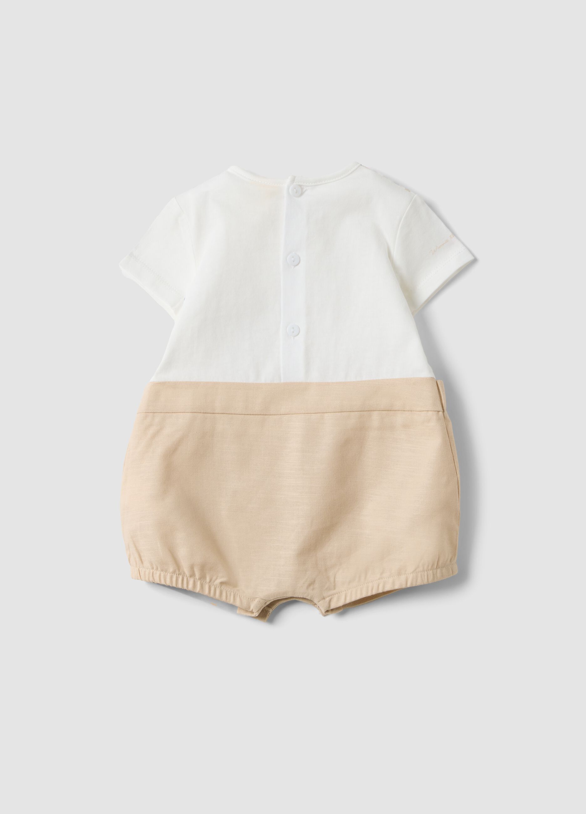 White cotton and linen blend romper with Winnie the Pooh detail for baby
