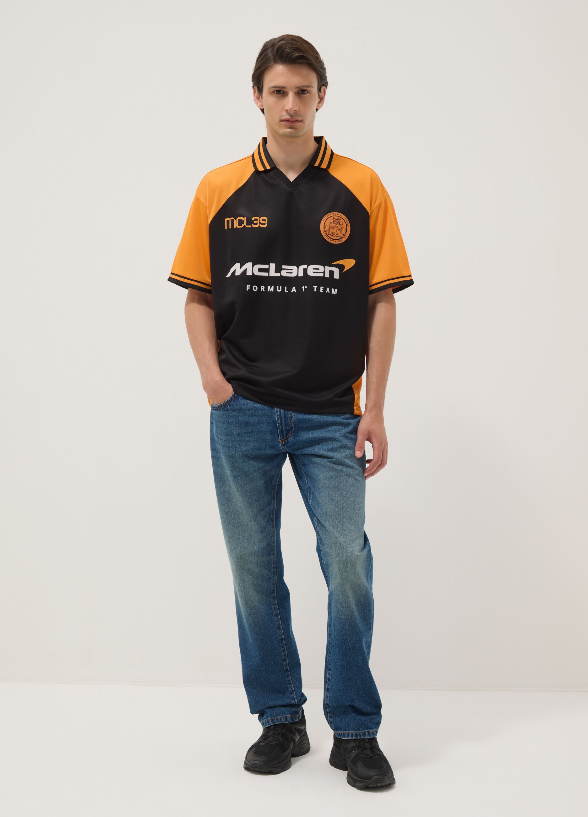 Black and orange oversized McLaren logo polo shirt